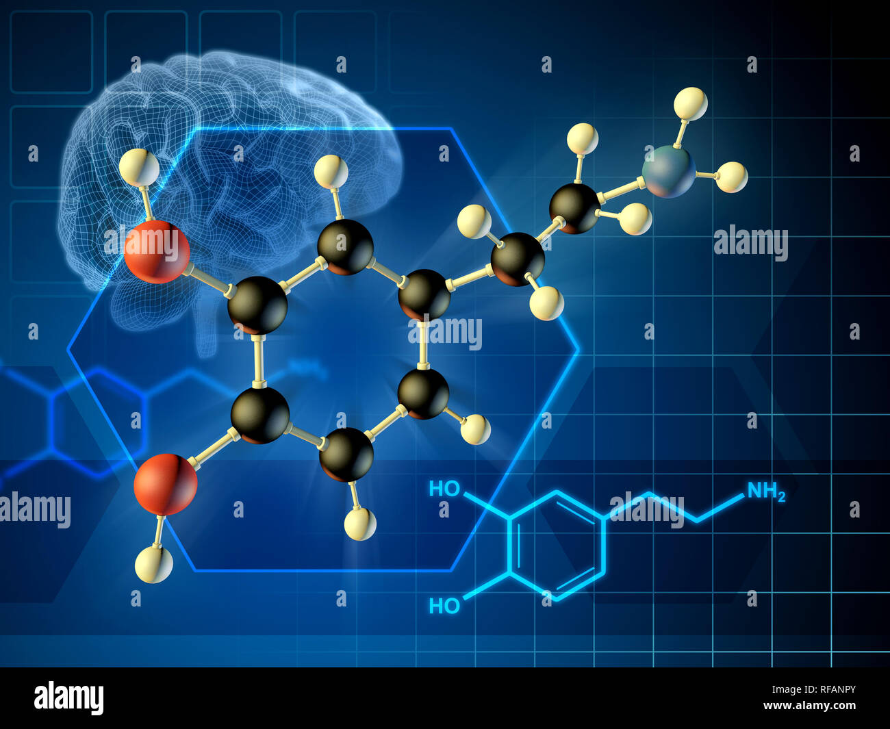 Molécule dopamine formule et schéma en 3D. 3D illustration. Banque D'Images