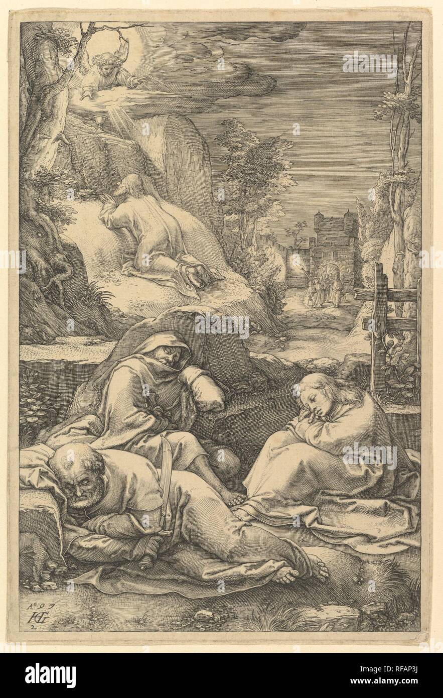 L'agonie dans le jardin, de la Passion du Christ. Artiste : Hendrick Goltzius (1558-1617 Mühlbracht Russisch, Haarlem). Fiche technique : Dimensions : 8 1/16 x 5 3/8 in. (20,5 x 13,7 cm). Date : 1597. Entre 1596 et 1598 Goltzius gravé cette série de douze estampes illustrant la Passion du Christ. Ils reflètent l'influence de l'artiste Russisch Lucas van Leyden, aussi bien dans la figure types et la technique de gravure. À la différence de son style graphique normale, qui a été caractérisé par une ligne spectaculaire qui se gonfle et s'effile vers les chiffres et l'arrière-plan, ici Goltzius utilisent de minces Banque D'Images