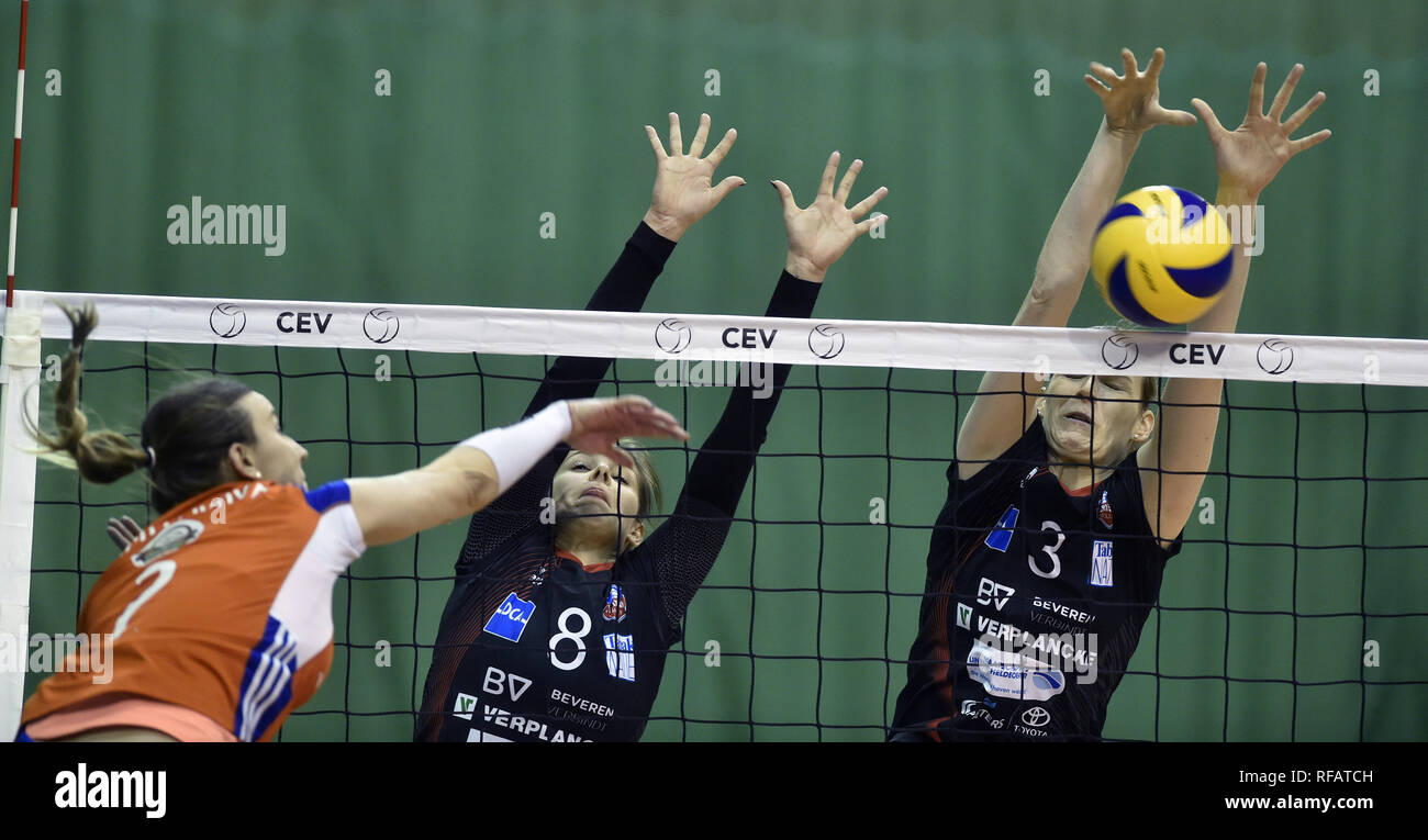 L-R Martina Michalikova (Olomouc) et Yana de Leeuw et Marlies Janssens (Beveren) en action lors de la 51 édition de la Ligue des Champions de volley-ball tchèque match SK JUSQU'Olomouc vs Astérix Beveren de Belgique à Olomouc, République tchèque, le 24 janvier 2019. (CTK Photo/Ludek Perina) Banque D'Images