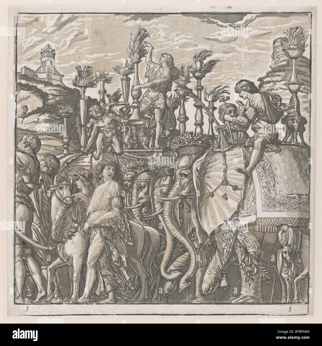 Feuille 5 : Les éléphants, de le triomphe de Jules César. Artiste : Andrea Mantegna (après l'italien, l'Isola di Carturo 1430/31-1506 Mantoue) ; Andrea Andreani (Mantoue, 1558/1559-1629) ; Rapporteur pour avis intermédiaire Bernardo Malpizzi (italien, 1555-1623). Fiche Technique : Dimensions : 15 1/2 x 15 1/4 in. (39,3 × 38,8 cm) libre : 14 1/2 × 14 3/4 in. (36,8 × 37,5 cm). Date : 1599. Musée : Metropolitan Museum of Art, New York, USA. Banque D'Images