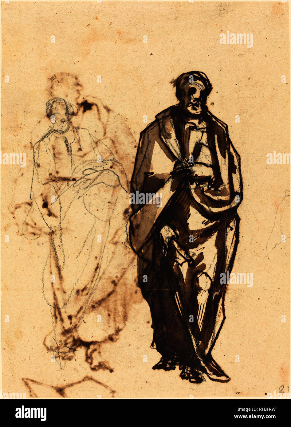 La Figure drapée avec un personnel. Fiche technique : Dimensions : 24,8 x 17,3 cm (9 3/4 x 6 13/16 in.). Technique : crayon et l'encre ferro-gallique avec lavage gris plus de craie noire. Musée : National Gallery of Art, Washington DC. Auteur : Cherubino Alberti. Banque D'Images