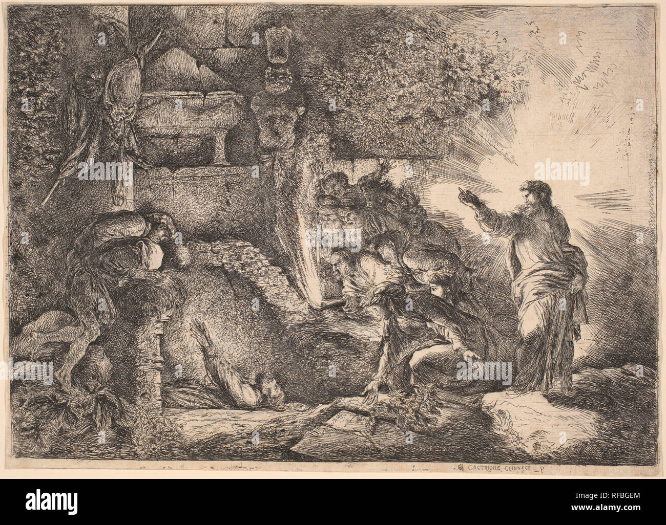 La résurrection de Lazare. En date du : ch. 1645. Fiche technique Dimensions : (découpés à la plaque de passage) : 22,6 x 31,7 cm (8 7/8 x 12 1/2 in.). Technique : gravure sur bois sur papier. Musée : National Gallery of Art, Washington DC. Auteur : Giovanni Benedetto Castiglione. Giovanni Benedetto Castiglione (Il Grechetto). Banque D'Images