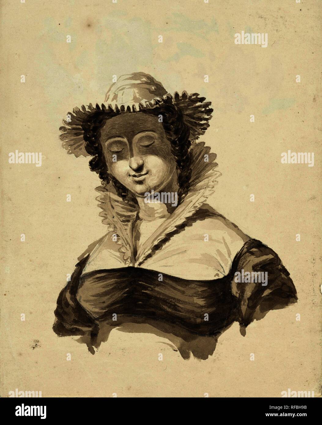 Buste d'une femme avec chapeau et col montant. Rapporteur pour avis : Pieter van Loon. Dating : 1811 - 1873. Dimensions : H 250 mm × W 203 mm. Musée : Rijksmuseum, Amsterdam. Banque D'Images
