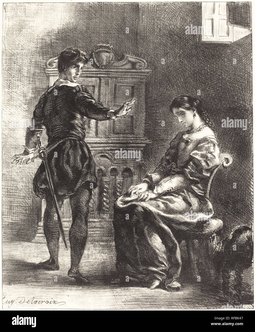 Hamlet et Ophélie (Acte III, scène I). En date du : 1834/1843. Technique : lithographie. Musée : National Gallery of Art, Washington DC. Author : EUGENE DELACROIX. SHAKESPEARE, WILLIAM. DELACROIX, Eugène. Banque D'Images