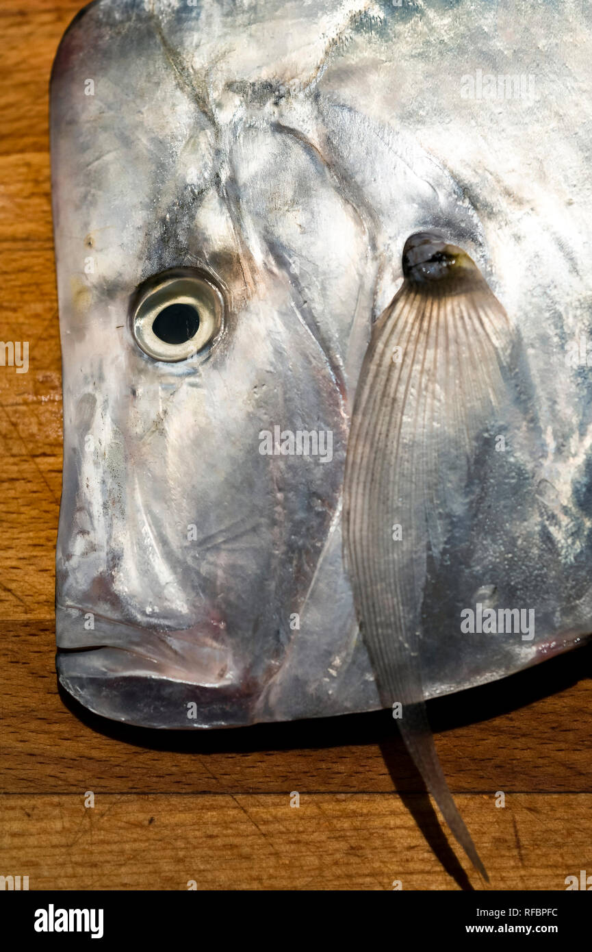 Moonfish frais sur une planche à découper Banque D'Images