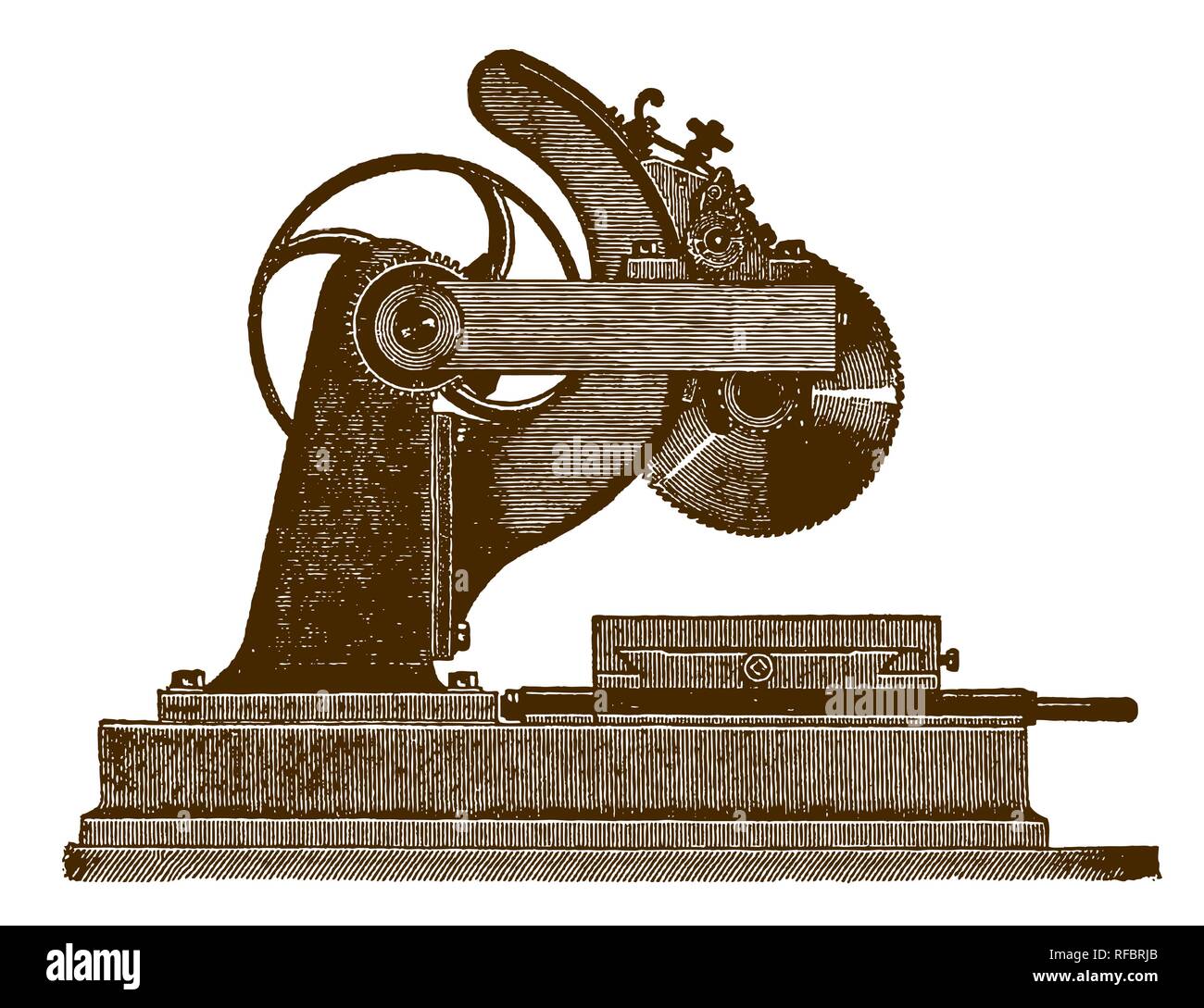 Machine à scier à froid historique pour l'acier, du fer et du métal (après une gravure ou la gravure du xixe siècle) Illustration de Vecteur