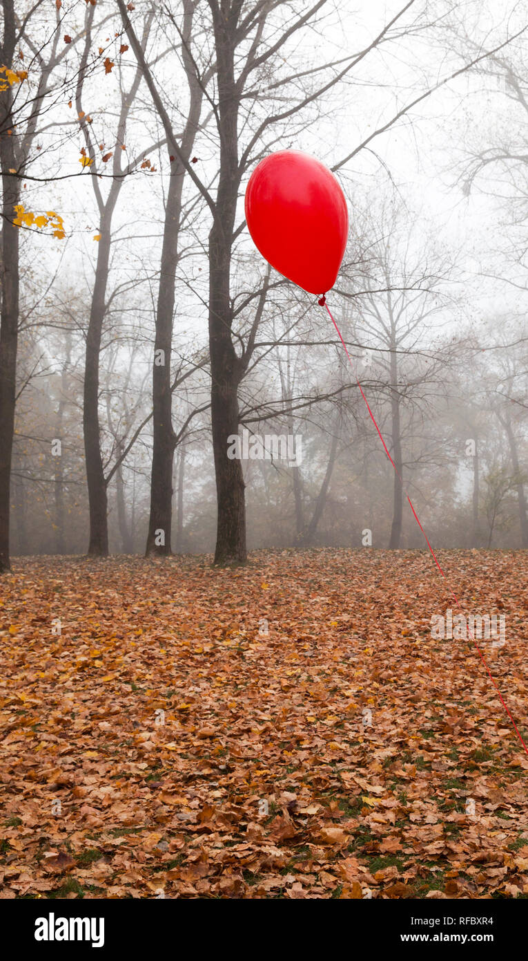 Ballon rouge voler dans un parc de la ville, saison d'automne, par temps nuageux, mat Banque D'Images