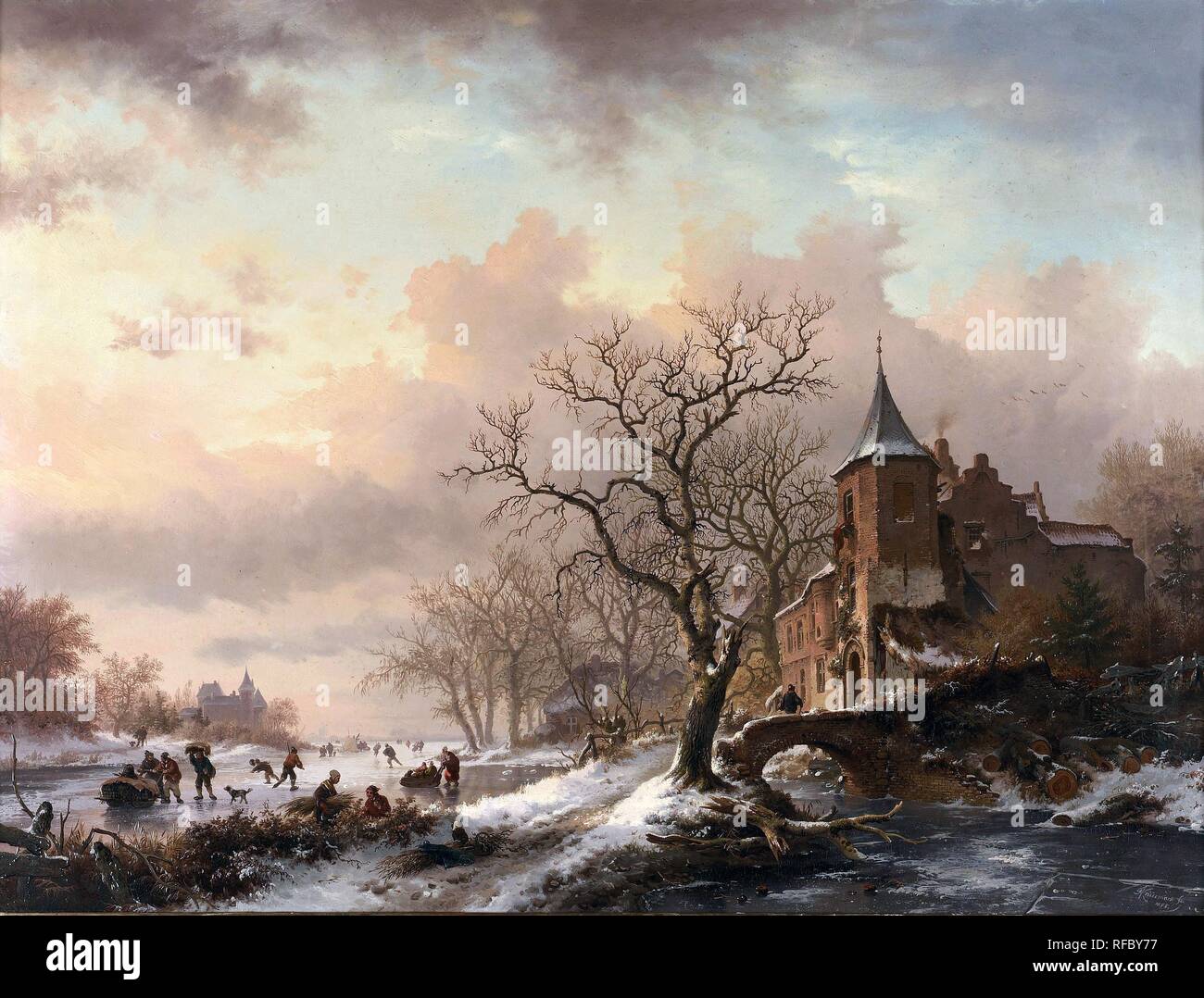 Frederik Marinus Kruseman - collection privée. Titre : Château dans un paysage d'hiver et des patineurs sur une rivière Fozen. Date : 1855. Matériel : Huile sur panneau. Dimensions : 48 x 63,5 cm. Inscriptions : FMKruseman /fc 1855 (en bas). righr Vendu par Bonhams à Londres, le 16 juin 2004. Source : http://commons.wikimedia.org/wiki/File:Frederik_Marinus_Kruseman_-_Kasteel_in_een_winterlandschap_en_schaatsers_op_een_bevroren_rivier.jpg. J'ai changé la lumière, le contraste et les couleurs de la photo d'origine. Banque D'Images