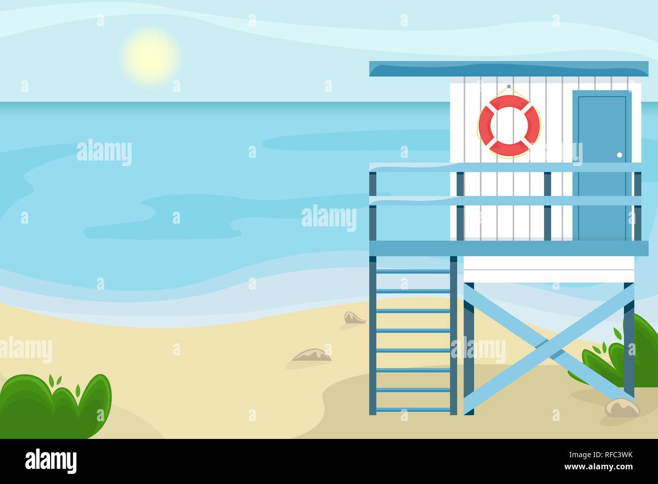Paysage de plage avec un sauveteur chambre. Télévision vector illustration. Illustration de Vecteur