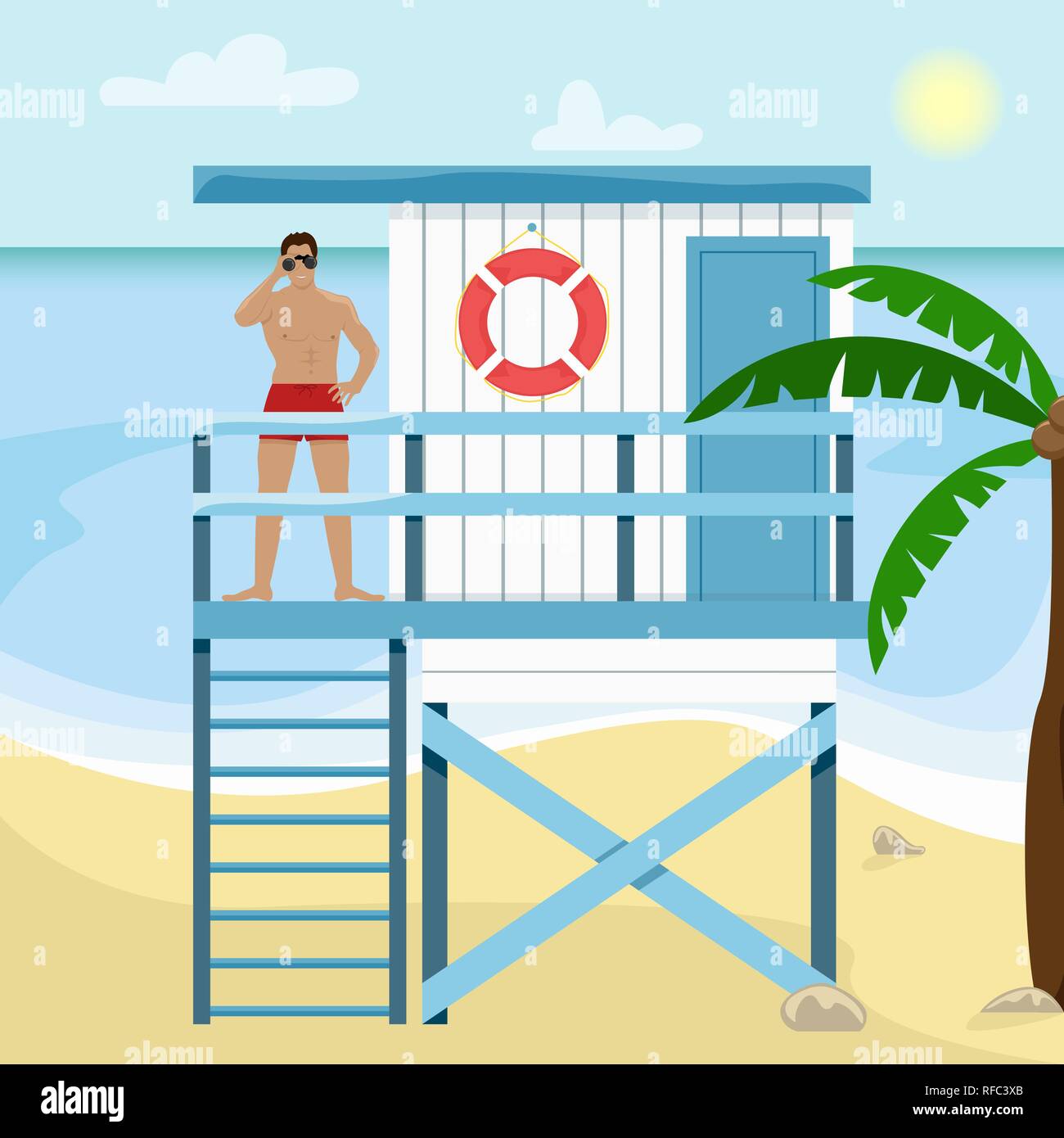 Paysage de plage avec des palmiers, maître-nageur sauveteur et l'homme. Télévision vector illustration. Illustration de Vecteur