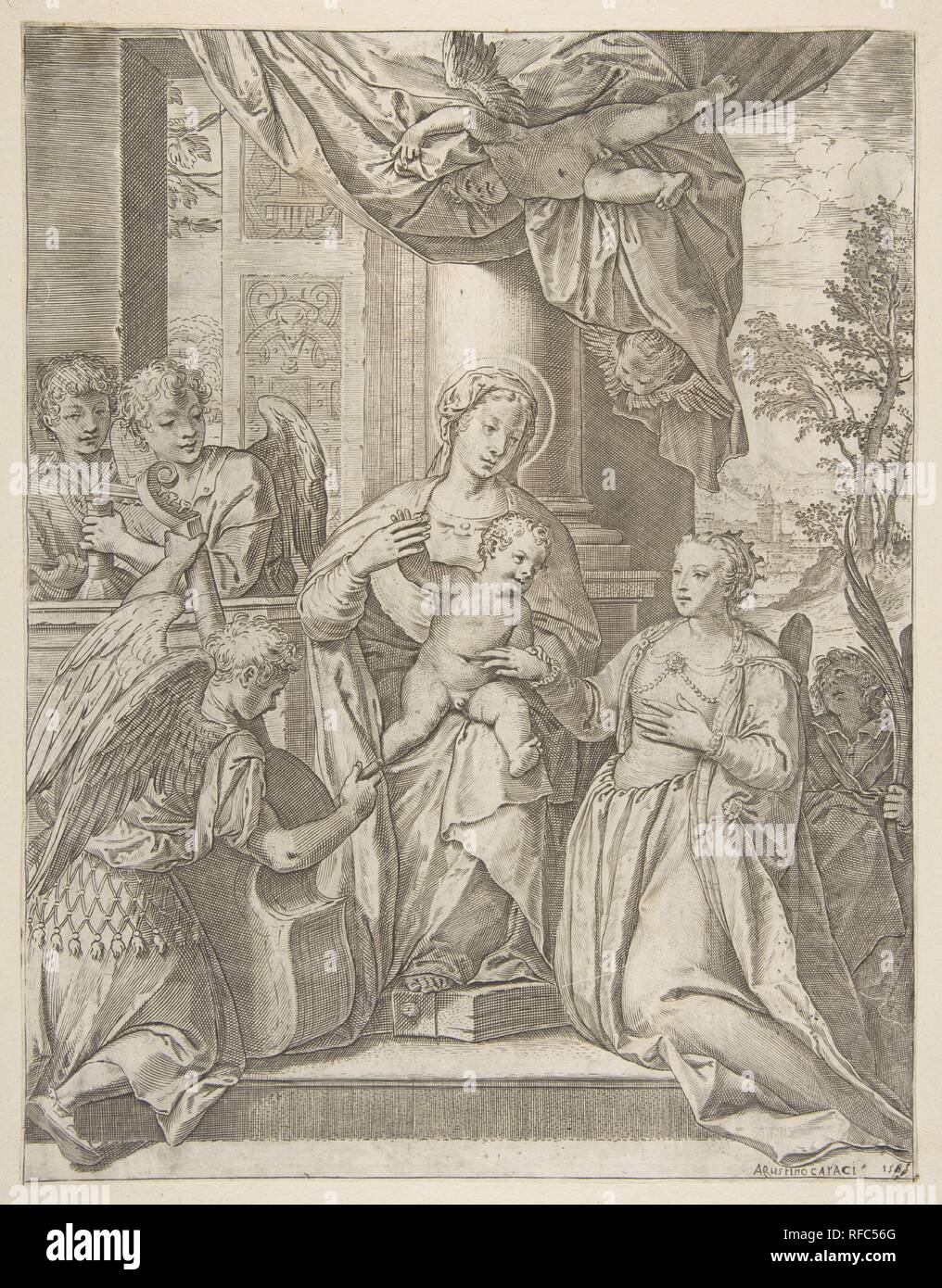 Le mariage mystique de Sainte Catherine, qui siège au centre avec l'enfant Jésus, les anges avec des instruments à la gauche. Artiste : Agostino Carracci (italien, 1557-1602) ; Bologne Parme Après Paolo Veronese (Paolo Caliari) italien (1528-1588) Venise, Vérone. Fiche Technique Dimensions : (découpés) : 11 × 9/16 8 7/8 in. (29,3 × 22,6 cm). Date : 1585. Fiche n'a été taillé à l'image. D'après le catalogue raisonné (DeGrazia Bohlin, 1979) il y a eu une inscription dans la marge que de lire "Pauli Calliari. inven' et 'Antonius Carensanus. fo'. Musée : Metropolitan Museum of Art, New York, USA. Banque D'Images