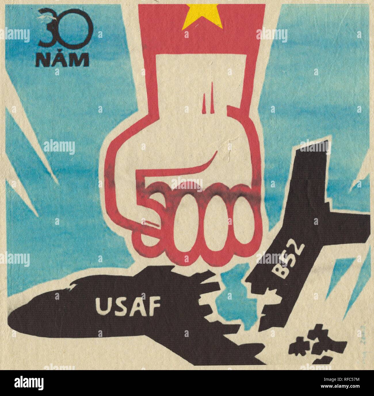 Affiche de propagande vietnamienne du nord, avec un graphique représentant un poing fermé (avec un drapeau vietnamien visible sur le bras) smashing un avion appelée un B52 de l'USAF, avec le texte '30 Nam' dans le coin supérieur gauche, 1965. () Banque D'Images