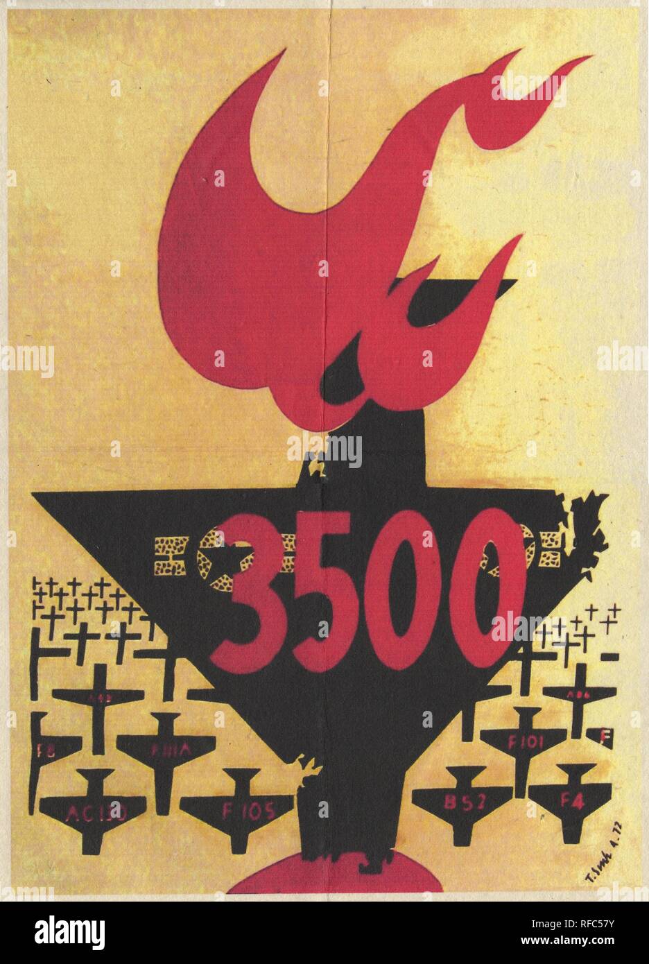 Affiche de propagande vietnamienne du nord, avec un design graphique représentant la silhouette d'un grand avion (centrale, avec les marquages de l'USAF) s'écraser vers le bas avec sa queue en feu, avec les silhouettes des avions plus petits (ceux à l'avant-plan étiqueté par type, ceux à l'arrière-plan dépeints comme des croix), et avec le texte '3500' écrit sur le plan central, probablement célébrer le nombre d'avions américains abattus par l'armée vietnamienne, publié pendant la guerre du Vietnam, Avril, 1972. () Banque D'Images