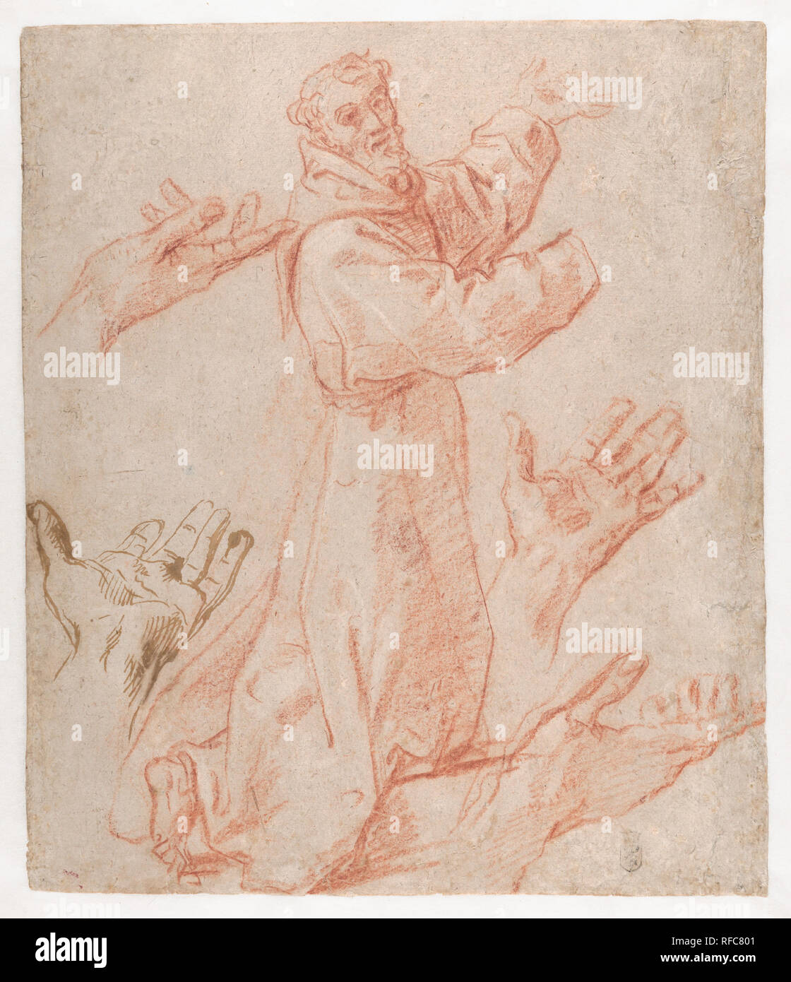 Études pour une figure de saint François à genoux dans un Three-Quarter Voir et pour ses mains (recto) ; des études pour une figure de saint François à genoux dans Profil (verso). Artiste : Annibal Carrache (Bologne, Italie Rome 1560-1609). Fiche technique : Dimensions : 13 x 11 1/4 à 5/16. (33,6 x 28,8 cm). Date : 1583-85. Le recto de cette feuille, avec des études pour un saint François à genoux avec ses bras étendus, se rapportent à la figure du saint vu dans le coin inférieur gauche de la Pietà de premier plan avec les saints (Galleria Nazionale inv. 169, Parme ; huile sur toile, 373,8 x 239,7 cm), d'un monumental retable Annibale peint pour Banque D'Images