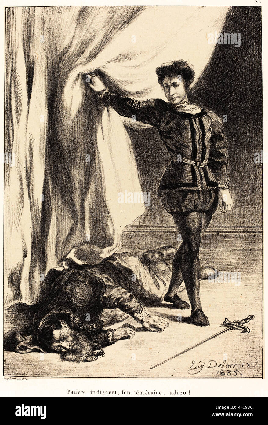 Hamlet et le corps de Polonius (Acte III, scène IV). En date du : 1835. Technique : lithographie. Musée : National Gallery of Art, Washington DC. Author : EUGENE DELACROIX. SHAKESPEARE, WILLIAM. DELACROIX, Eugène. Banque D'Images