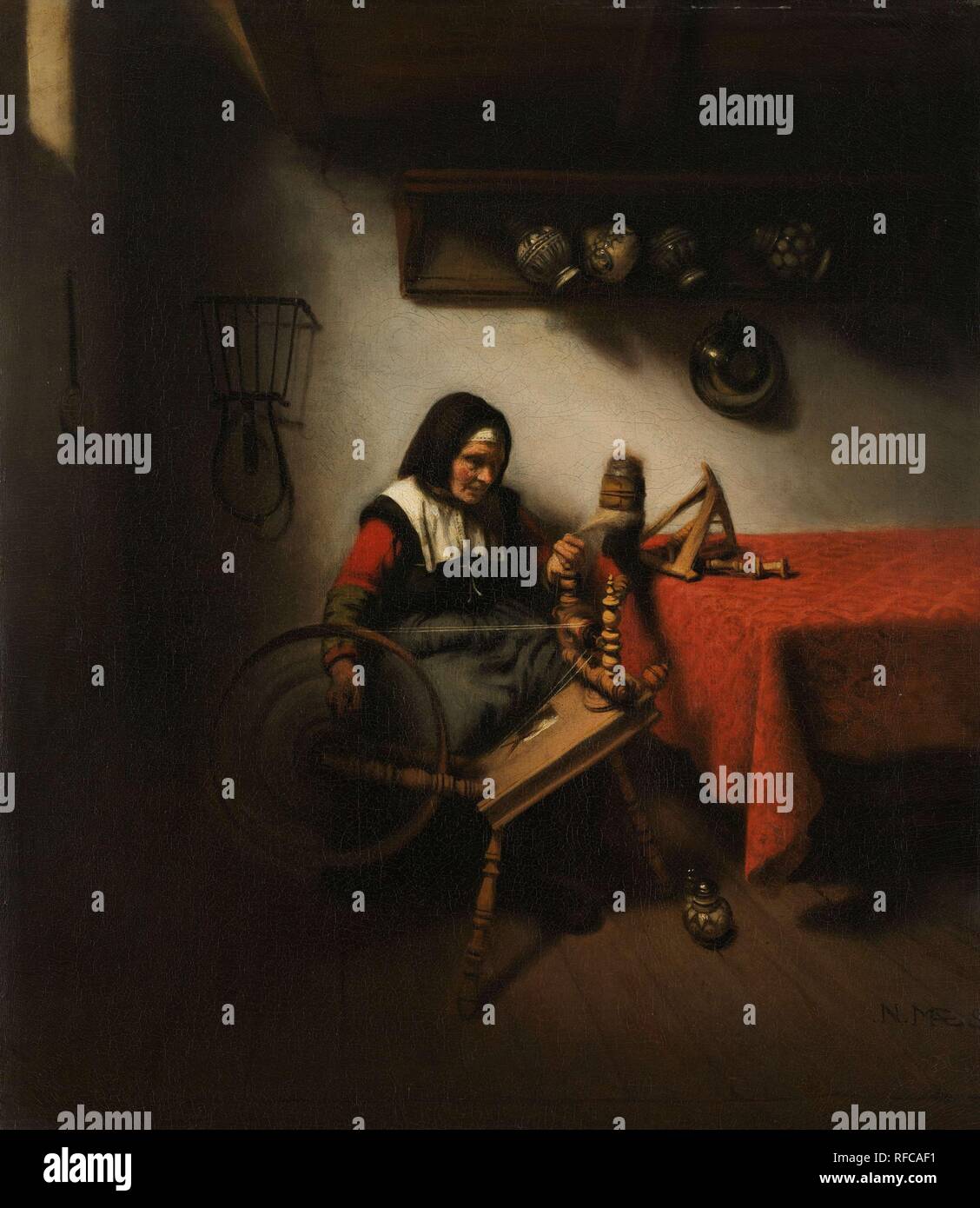 Vieille Femme qui tourne. Dating : 1650 - 1660. Dimensions : H 63 cm × 55 cm ; w d 9 cm. Musée : Rijksmuseum, Amsterdam. Auteur : Nicolaes MAES. Banque D'Images