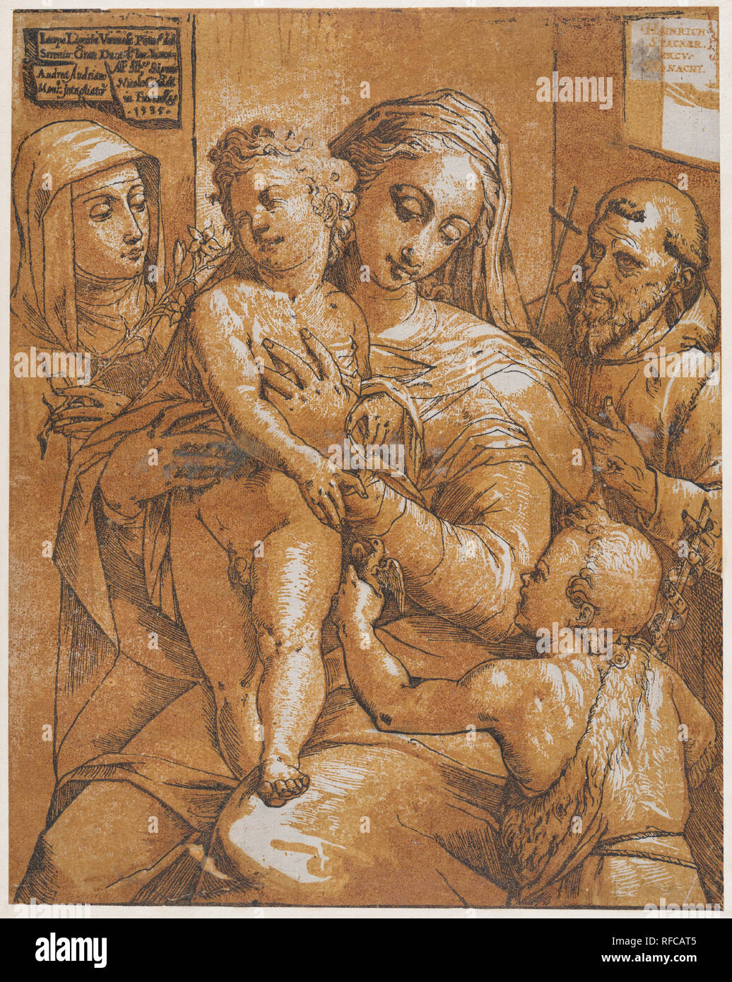 La Vierge et l'enfant avec saint Jean-Baptiste, saint François et sainte Catherine de Sienne. Artiste : Andrea Andreani (Mantoue, 1558/1559-1629) ; après, Jacopo Ligozzi (Italien, Vérone 1547-1627 Florence). Fiche Technique : Dimensions : 16 × 11/16 13 1/4 in. (42,4 × 33,7 cm). Editeur : Heinrich agrafeuse (allemand, actif 16ème-17ème siècle). Date : 1585. Musée : Metropolitan Museum of Art, New York, USA. Banque D'Images