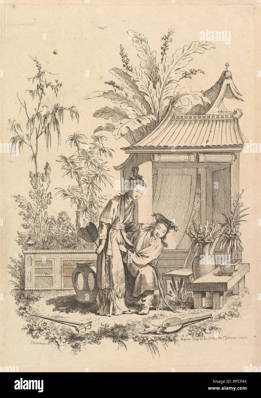 Scène chinoiseries avec les chiffres dans un paysage. Artiste : Après François Boucher (Français, Paris 1703-1770 Paris) ; Gabriel Huquier (Français, Orléans 1695-1772 Paris). Fiche Technique : Dimensions : 20 x 13 15/16 11/16 in. (53,2 x 34,8 cm) Plaque : 13 1/8 x 9 1/8 in. (33,4 x 23,2 cm). Editeur : Gabriel Huquier (Français, Orléans 1695-1772 Paris). Date : le 18e siècle. Musée : Metropolitan Museum of Art, New York, USA. Banque D'Images