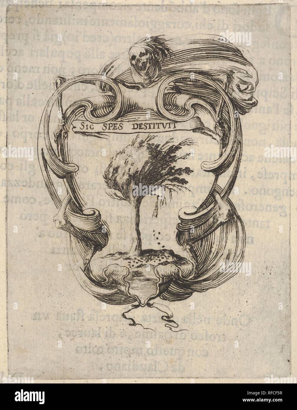 Un cartouche avec un arbre dans le vent, un crâne avec des tentures en haut, les os d'un côté, à partir de 'Huit emblèmes pour les funérailles de Francesco de' Medici (Huit emblèmes pour les funérailles du prince François de Médicis). Artiste : Stefano della Bella (Florence, Italie Florence 1610-1664). Fiche technique : Dimensions : 8 1/2 x 5 9/16 in. (21,7 x 14 cm) : montage de 10 3/8 x 7 3/16 in. (26,3 x 18,2 cm). Portefeuille/Série : 'Huit emblèmes pour les funérailles de Francesco de' Medici (Huit emblèmes pour les funérailles du prince François de Médicis). Date : ca. 1640-60. Musée : Metropolitan Museum of Art, New York, USA Banque D'Images
