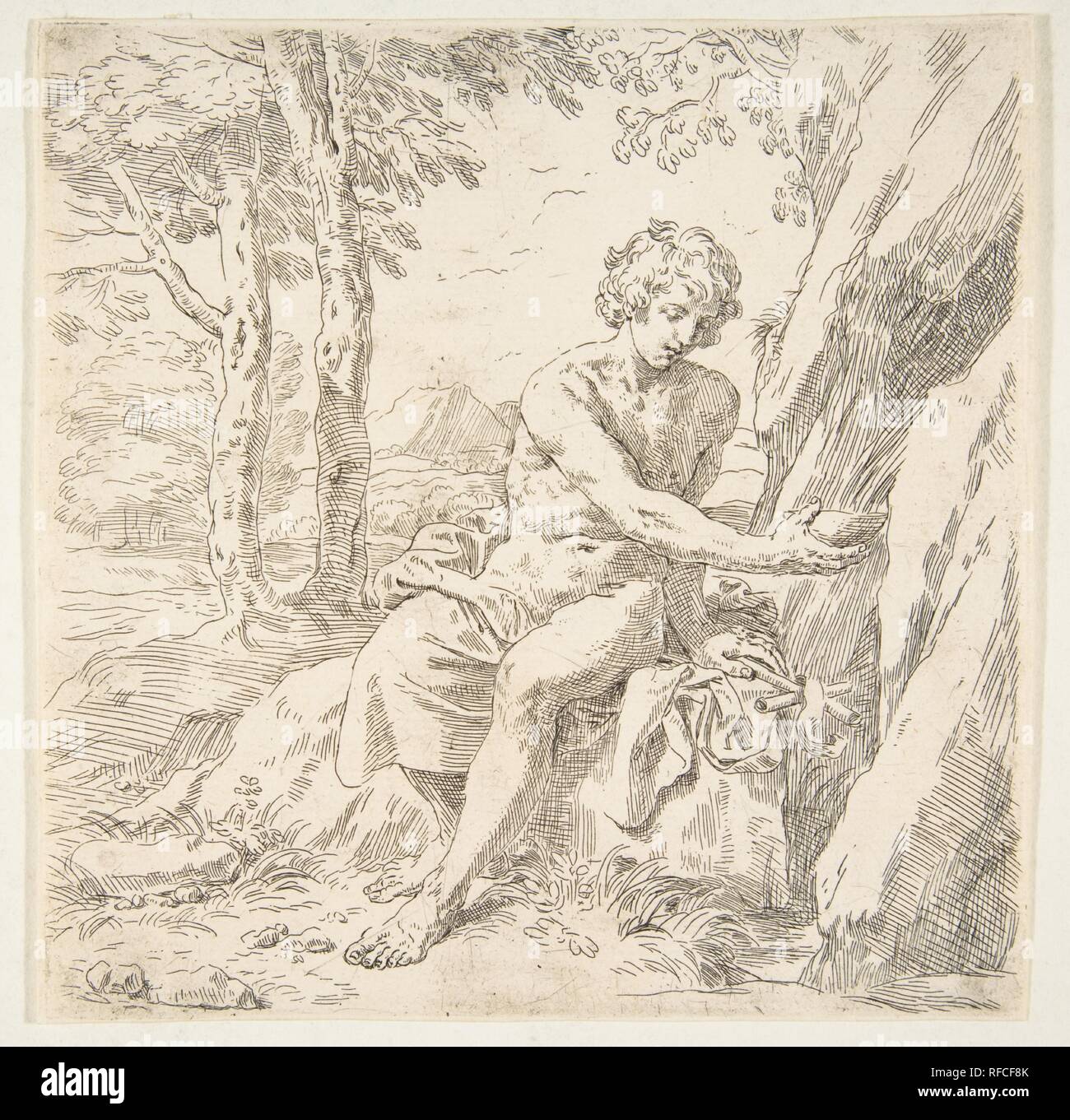 Saint Jean Baptiste dans le désert. Artiste : Simone Cantarini (italien, 1612-1648). Fiche Technique : Dimensions : 6 11/16 × 6 5/8 po. (17 × 16,8 cm). Date : ca. 1637-1639. Musée : Metropolitan Museum of Art, New York, USA. Banque D'Images