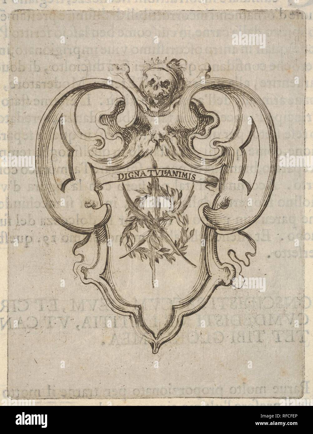 Un cartouche avec une couronne de laurier et de palmiers, une tête de mort en haut, à partir de 'Huit emblèmes pour les funérailles de Francesco de' Medici (Huit emblèmes pour les funérailles du prince François de Médicis). Artiste : Stefano della Bella (Florence, Italie Florence 1610-1664). Fiche technique : Dimensions : 6 1/2 x 5 1/8 in. (16,5 x 13 cm) monter : 8 3/8 x 6 7/8 in. (21,2 x 17,4 cm). Portefeuille/Série : 'Huit emblèmes pour les funérailles de Francesco de' Medici (Huit emblèmes pour les funérailles du prince François de Médicis). Date : ca. 1640-60. Musée : Metropolitan Museum of Art, New York, USA. Banque D'Images