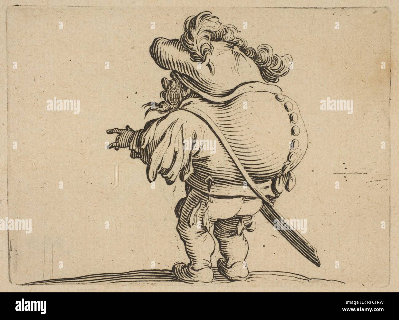L'homme au gros dos orné d'une rangée de boutons (homme avec un grand dos ornée d'une rangée de boutons), de Varie Figure Gobbi, suite appelée also les bossus, les Pygmées, les Nains grotesques (divers chiffres, Le Bossu, Les Pygmes Hunchbacks, le grotesque des nains). Artiste : Jacques Callot (Français, Nancy Nancy 1592-1635). Fiche Technique : Dimensions : 7 3/8 x 10 5/16 in. (18,5 x 26,3 cm) Plaque : 2 1/2 x 3 7/16 in. (6,3 x 8,7 cm). Series/portefeuille : Les Gobbi, suite appelée also les bossus, les Pygmées, les Nains grotesques. Date : 1616-22. Musée : Metropolitan Museum of Art, New York, USA. Banque D'Images