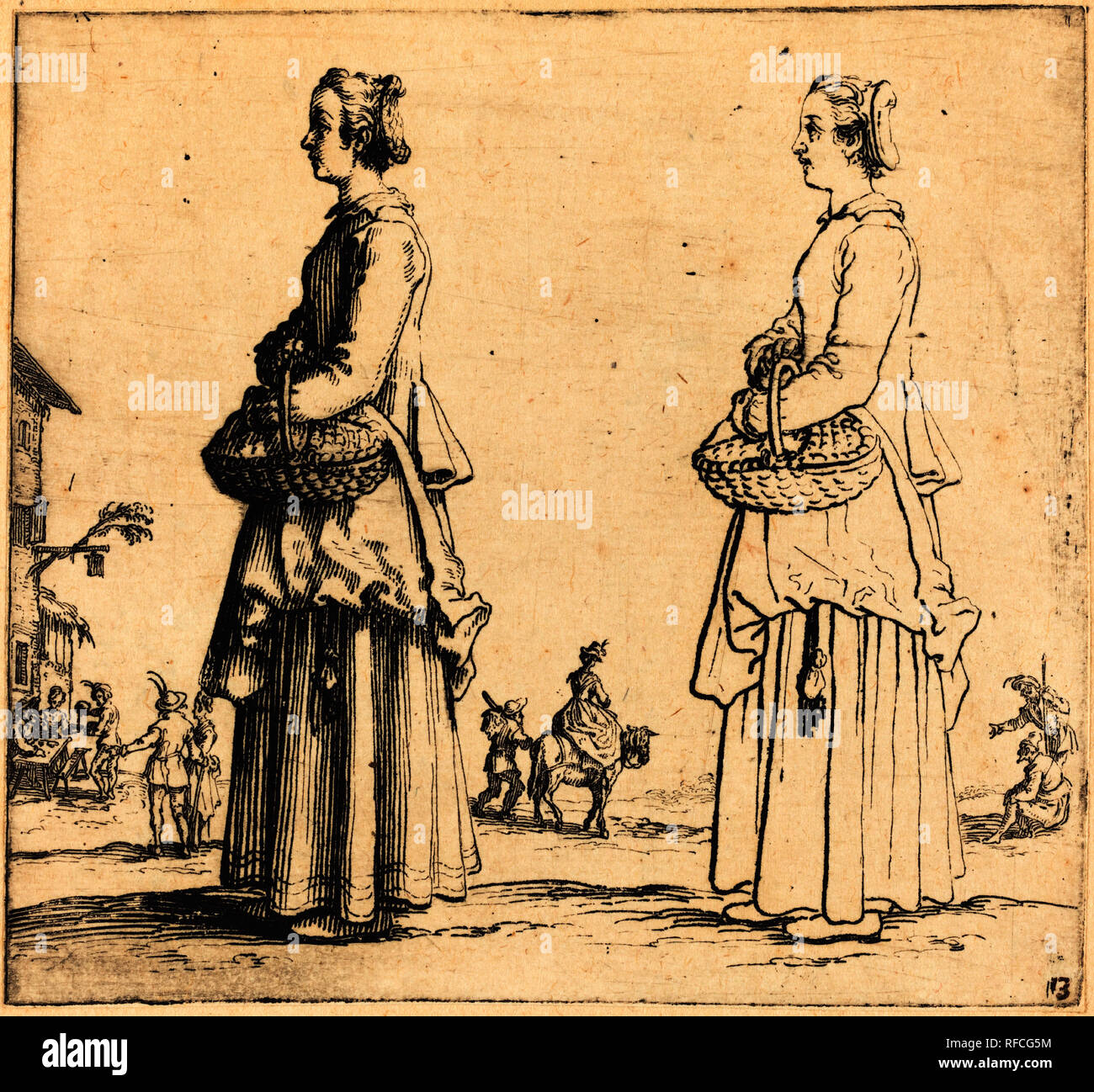 Femme avec panier, de profil, face vers la gauche. En date du : 1617 et 1621. Technique : gravure. Musée : National Gallery of Art, Washington DC. Auteur : Jacques Callot. Banque D'Images