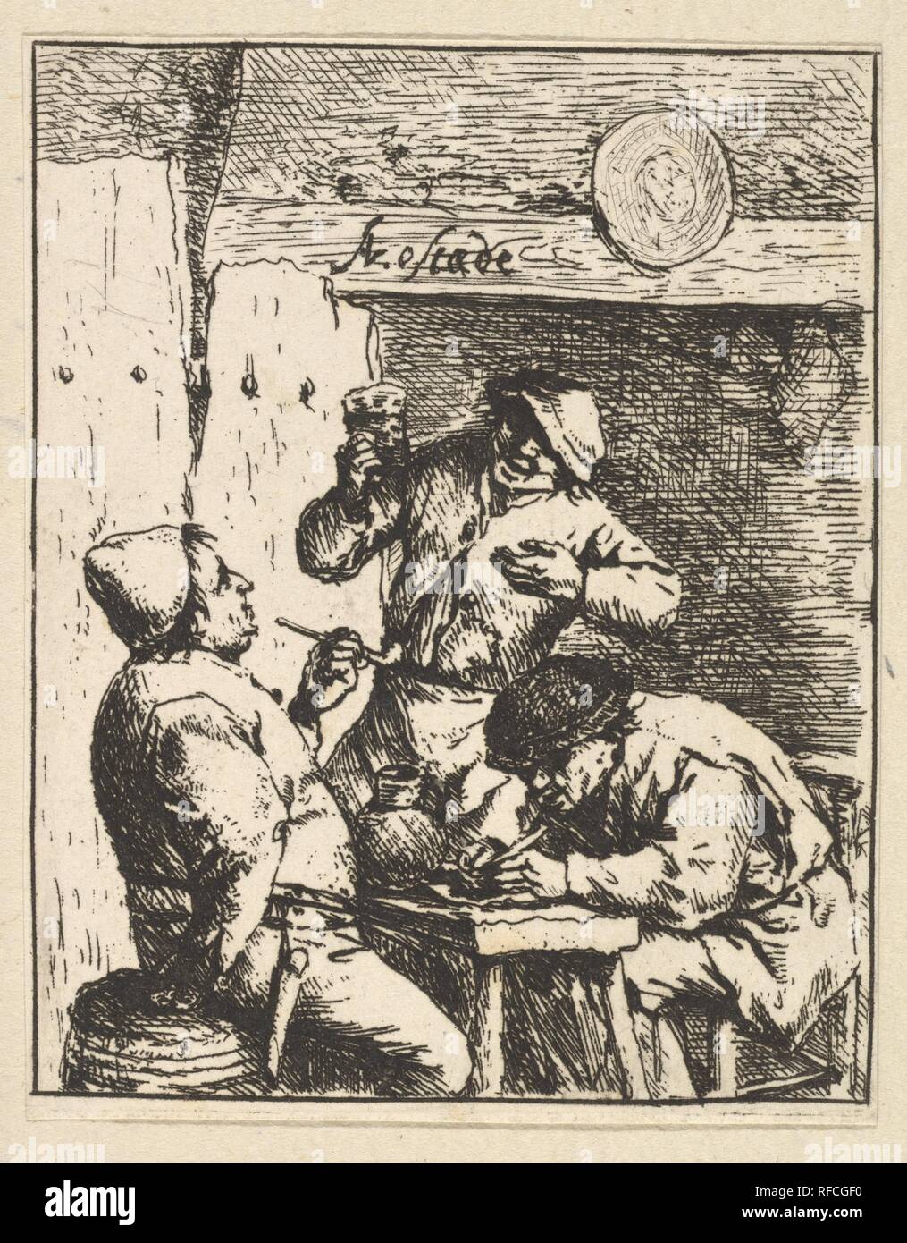 Singer se tenant entre deux fumeurs. Artiste : Néerlandais Adriaen van Ostade (1610-1685), Haarlem Haarlem. Fiche technique : Dimensions : 3 1/8 x 2 1/2 in. (8 x 6,3 cm). Date : 1610-85. Musée : Metropolitan Museum of Art, New York, USA. Banque D'Images