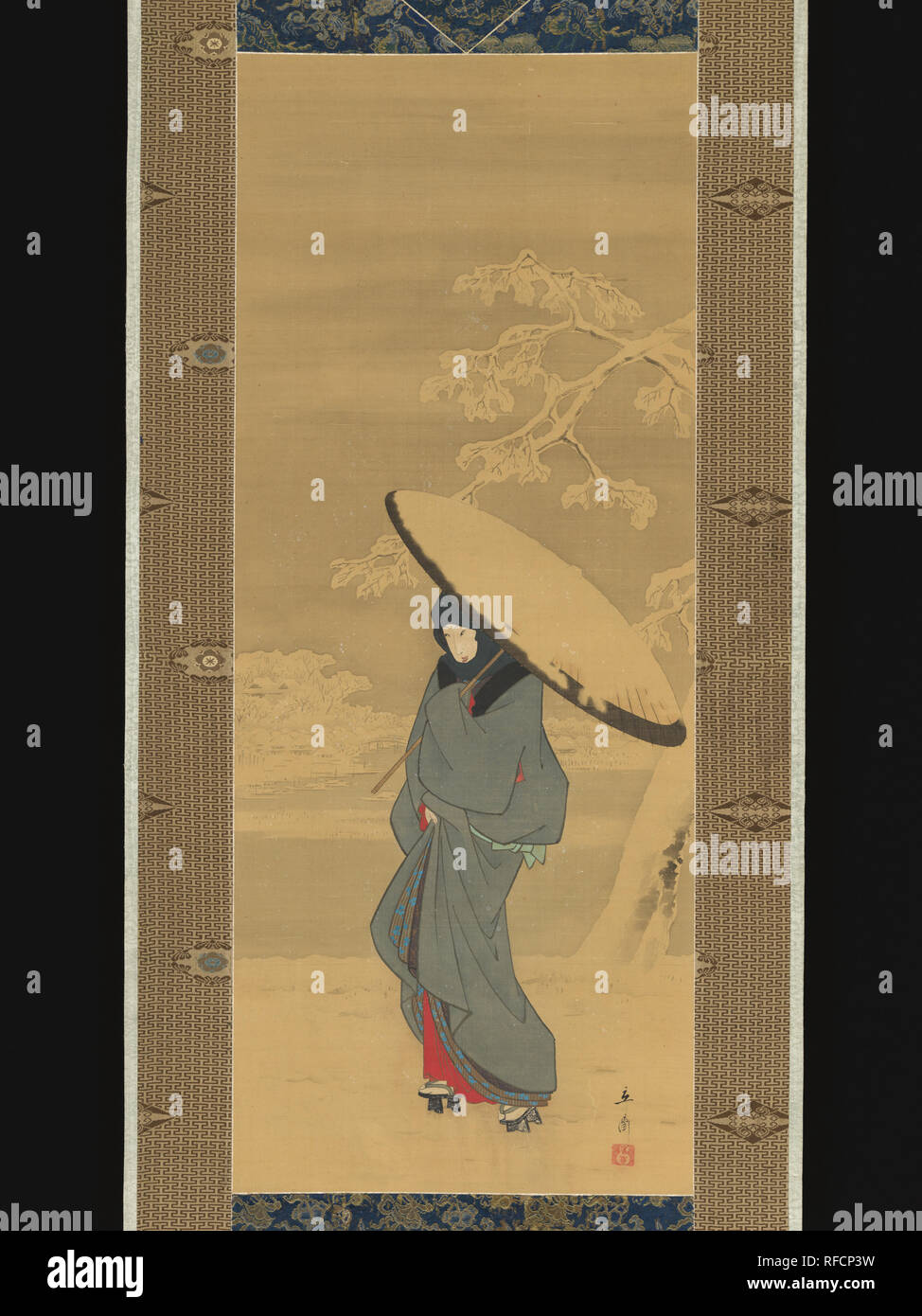 Femme marche dans la neige. Artiste : Utagawa Hiroshige (Japonais, Tokyo (EDO) 1797-1858 Tokyo (EDO)). Culture : le Japon. Dimensions : 31 1/8 x 12 1/2 in. (79,1 x 31,8 cm). Date : 1840-début des années 1850. Dans ses estampes de Hiroshige, utilisé le papier blanc non imprimé pour représenter la neige, une technique également exploitées dans ce tableau, dans lequel la soie peinte, réservés à l'encontre des lavis à l'encre pâle, suggère les domaines. Un peu d'encre saignement crée l'impression de flocons de neige duveteux, et ont été rendus avec des touches de pigment blanc opaque. Par contraste, la figure est partiellement révélé sous-vêtement rouge int Banque D'Images