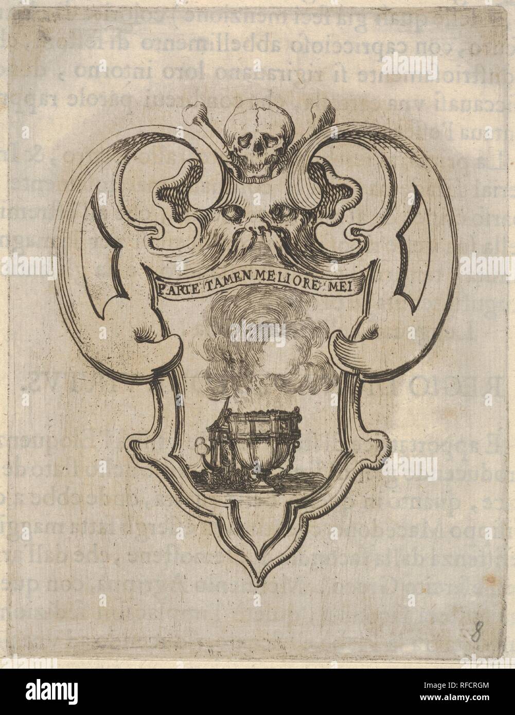 Un cartouche avec un encensoir, une tête de mort et un visage grotesque en haut, à partir de 'Huit emblèmes pour les funérailles de Francesco de' Medici (Huit emblèmes pour les funérailles du prince François de Médicis). Artiste : Stefano della Bella (Florence, Italie Florence 1610-1664). Fiche technique : Dimensions : 8 1/8 x 5 1/2 in. (20,7 x 13,9 cm) : montage 9 11/16 x 7 3/16 in. (24,6 x 18,2 cm). Portefeuille/Série : 'Huit emblèmes pour les funérailles de Francesco de' Medici (Huit emblèmes pour les funérailles du prince François de Médicis). Date : ca. 1640-60. Musée : Metropolitan Museum of Art, New York, USA. Banque D'Images