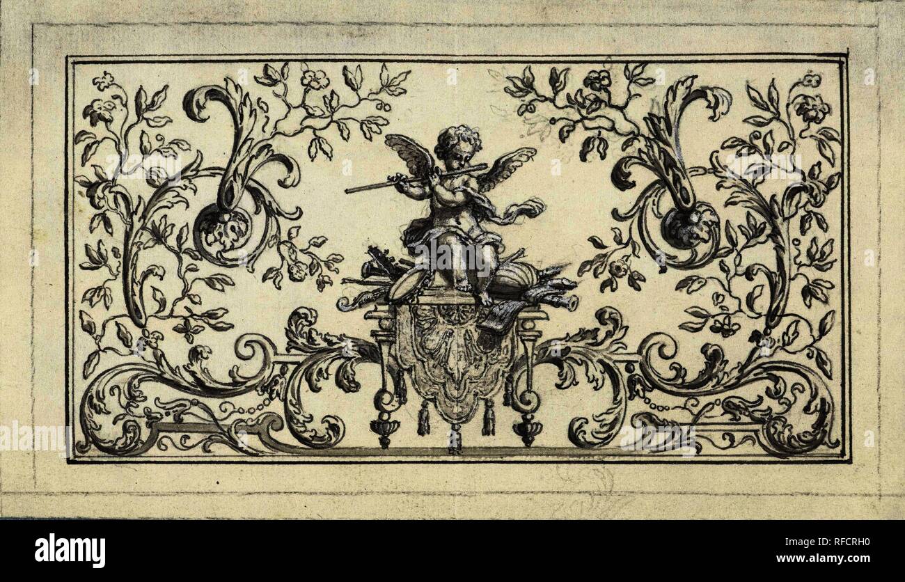 Remplissage du panneau avec putto et jouant de la flûte. Rapporteur pour avis : Bernard Picart. Dating : 1683 - 1733. Dimensions : H 86 mm × W 150 mm. Musée : Rijksmuseum, Amsterdam. Banque D'Images