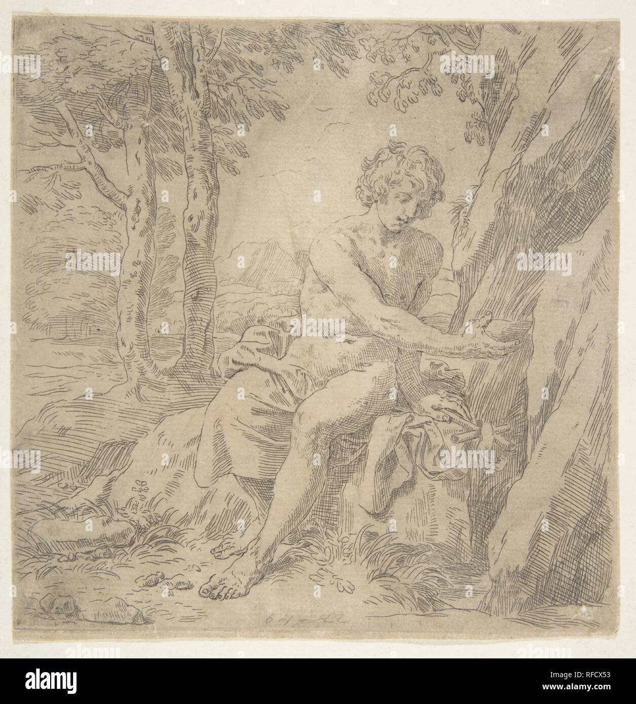 Saint Jean Baptiste dans le désert. Artiste : Simone Cantarini (italien, 1612-1648). Fiche Technique : Dimensions : 6 × 6 9/16 9/16 in. (16,6 × 16,6 cm). Date : ca. 1637-1639. Musée : Metropolitan Museum of Art, New York, USA. Banque D'Images