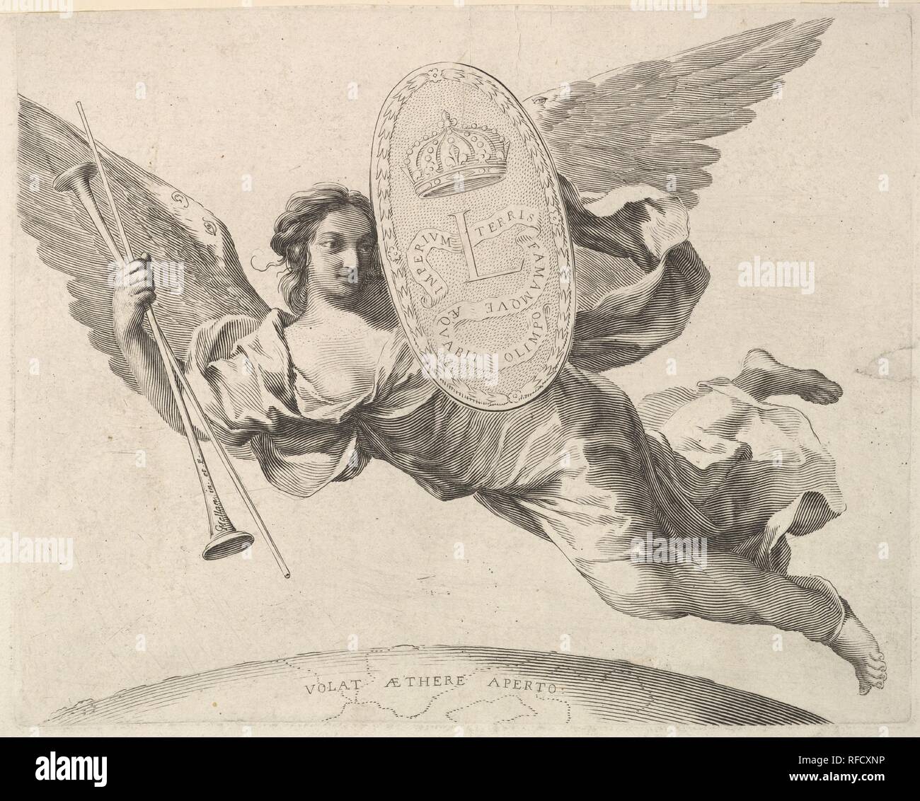 Fame portant un bouclier avec l'initiale de Louis XIV (La Renommée volant). Artiste : Claude Mellan (Français, Abbeville 1598-1688 Paris). Fiche technique : Dimensions : 7 x 10 1/4 à 11/16. (19,6 x 26 cm) Plaque : 7 x 5/16 9 3/16 in. (18,5 x 23,3 cm). Musée : Metropolitan Museum of Art, New York, USA. Banque D'Images