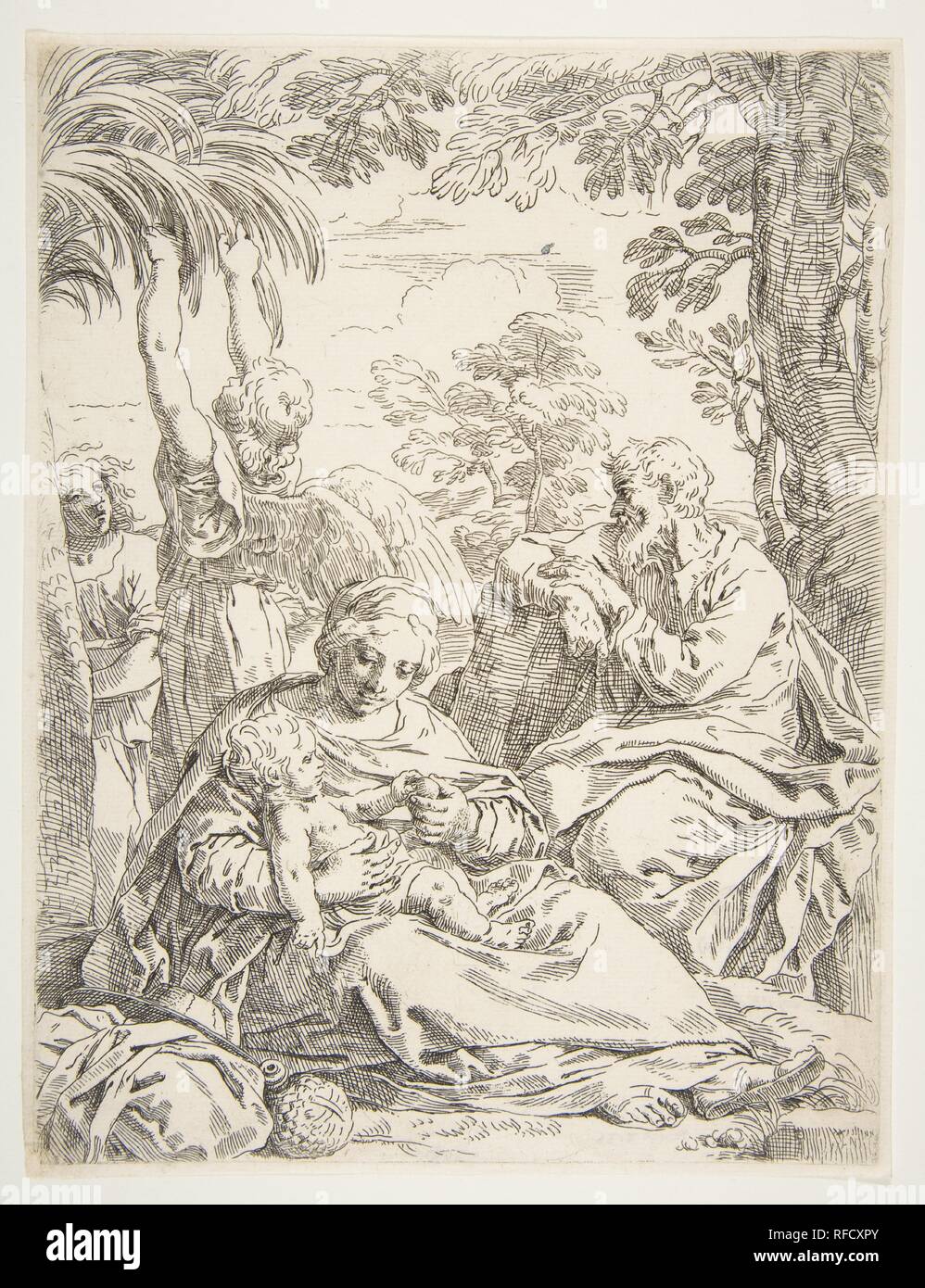 La Sainte Famille reposant sur leur fuite en Egypte. Artiste : Simone Cantarini (italien, 1612-1648). Dimensions : Plaque : 8 × 6 13/16 11/16 in. (22,4 × 17 cm). Date : ca. 1637-1639. Musée : Metropolitan Museum of Art, New York, USA. Banque D'Images