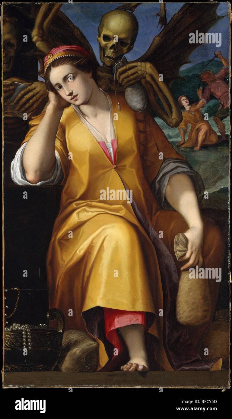 Allégorie de l'avarice. Artiste : Jacopo Ligozzi (Italien, Vérone 1547-1627 Florence). Dimensions : 54 7/8 x 33 1/4 in. (139,4 x 84,5 cm). En 1590 Ligozzi créé une série de dessins allégoriques, élaborer des sept péchés capitaux (six existent encore). Cette peinture, qui est un fragment, illustre les figures centrales de l'allégorie de l'avarice, l'illustration pour qui est à la National Gallery de Washington. Comme décrit dans les livres, de l'emblème l'avarice est montré comme un pâle femme tenant un sac d'argent. Le squelette menaçant suggère que l'artiste s'inspire aussi bien par d'autres instances du vice dans l'ie Banque D'Images