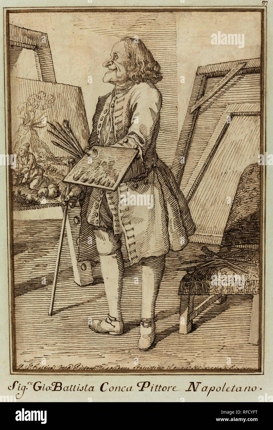 Signore Sebastiano Conca, Pittore Napoletano. En date du : 1734/1755. Fiche technique : Dimensions : 31,6 x 21,5 cm (12 7/16 x 8 7/16 in.) support : 48 x 38 cm (18 7/8 x 14 15/16 po.). Médium : plume et encre brune sur craie noire sur papier monté sur page d'album. Musée : National Gallery of Art, Washington DC. Auteur : Pier Leone Ghezzi. Banque D'Images