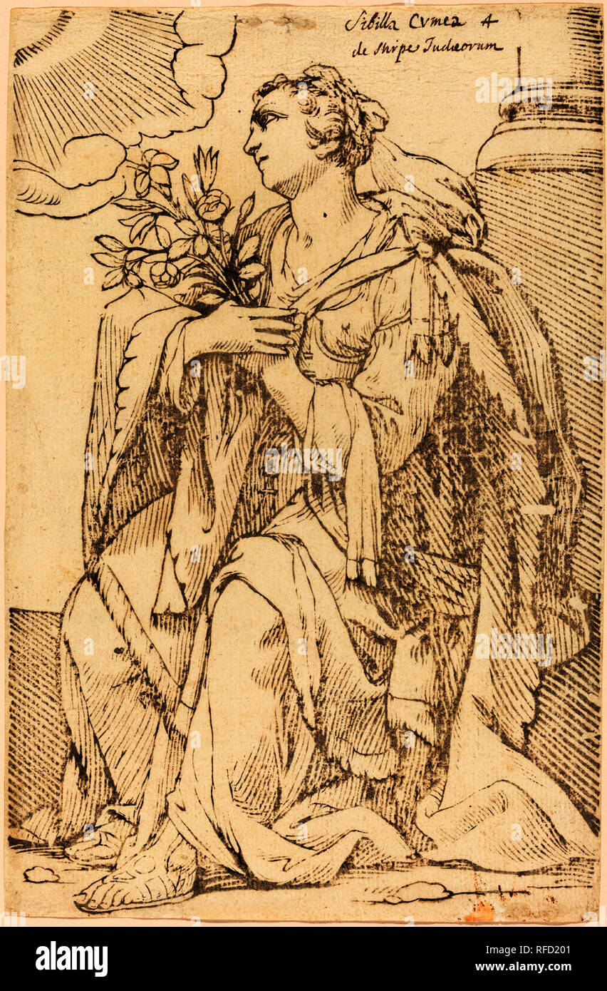 Sibylla Cimmérie. En date du : 1625. Technique : gravure sur bois. Musée : National Gallery of Art, Washington DC. Auteur : Jacques Stella. Banque D'Images