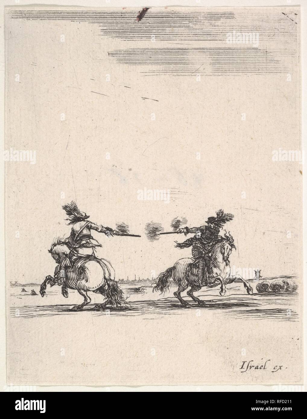 Deux cavaliers le duel de pistolets, l'un vu de dos équitation vers la gauche, un cheval vers la droite, à partir de 'divers exercices de cavalerie' (Diverses exercices de cavalerie). Artiste : Stefano della Bella (Florence, Italie Florence 1610-1664). Fiche Technique : Dimensions : 3 x 2 7/16 11/16 in. (8,8 x 6,9 cm). Editeur : Israël Henriet (Français, Nancy ca. 1590-1661 Paris). Portefeuille/Série : 'divers exercices de cavalerie' (Diverses exercices de cavalerie). Date : ca. 1642-45. Musée : Metropolitan Museum of Art, New York, USA. Banque D'Images