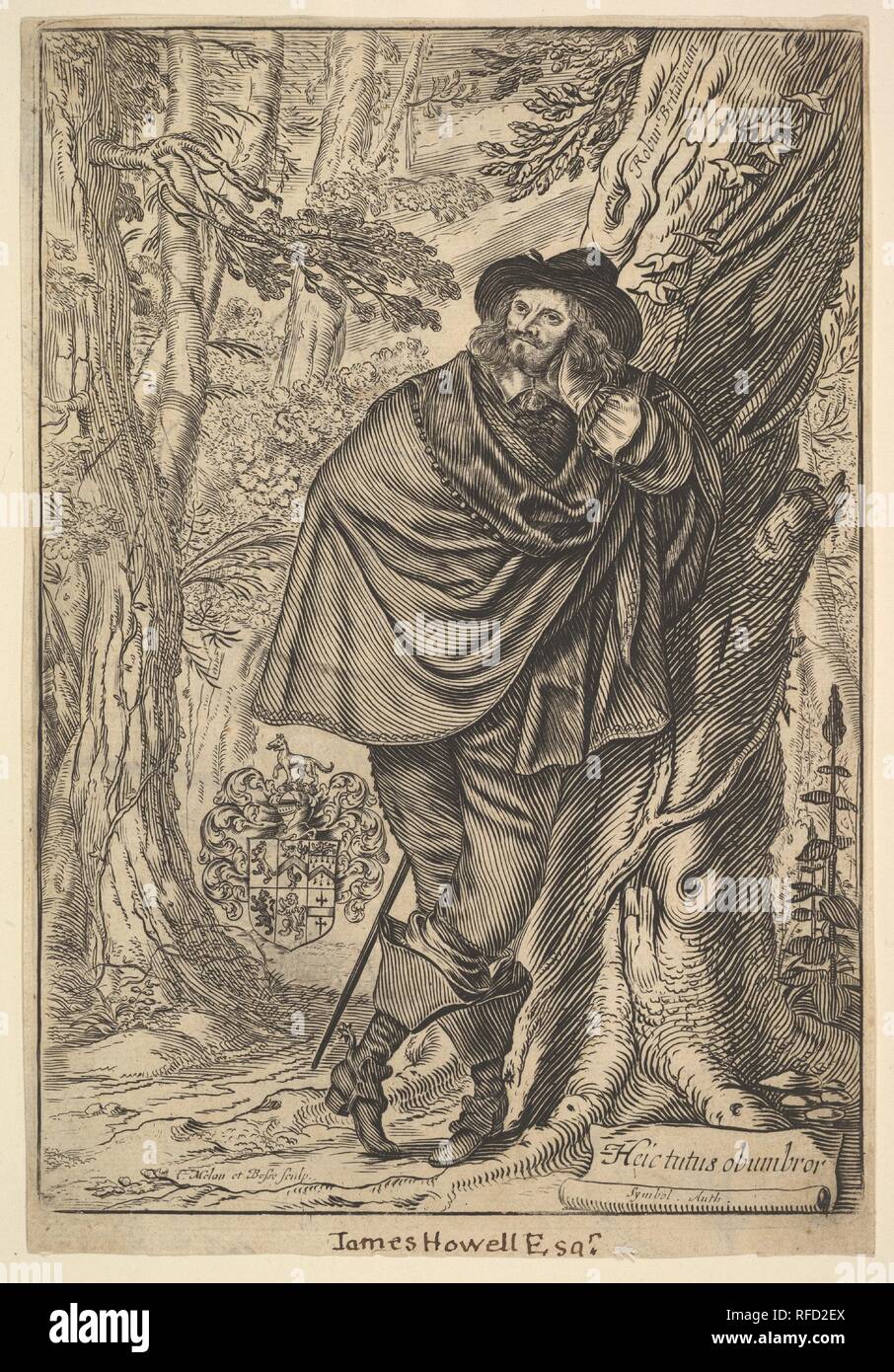 James Howel debout dans une forêt. Artiste : Claude Mellan (Français, Abbeville 1598-1688 Paris) ; Abraham Bosse (Français, Tours 1602/1604-1676 Paris). Fiche technique : Dimensions : 8 3/8 x 5 3/4 in. (21,2 x 14,6 cm). Sitter : Portrait de James Howel (britannique, 1594-1666). Date : 1641. Musée : Metropolitan Museum of Art, New York, USA. Banque D'Images