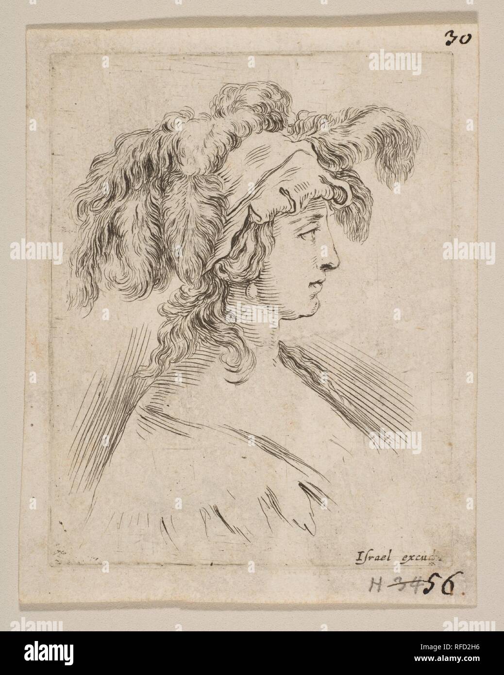 15 de la plaque : mi-buste d'une jeune femme de profil portant un chapeau garni de plumes, de 'le livre pour apprendre à dessiner" (Livre pour apprendre à dessiner). Artiste : Stefano della Bella (Florence, Italie Florence 1610-1664). Dimensions : Plaque : 3 × 3/16 2 1/2 in. (8,1 × 6,4 cm) : 3 Feuille 5/8 × 2 13/16 in. (9,2 × 7,2 cm). Editeur : Israël Henriet (Français, Nancy ca. 1590-1661 Paris). Series/portefeuille : 'le livre pour apprendre à dessiner" (Livre pour apprendre à dessiner). Date : ca. 1649. Musée : Metropolitan Museum of Art, New York, USA. Banque D'Images