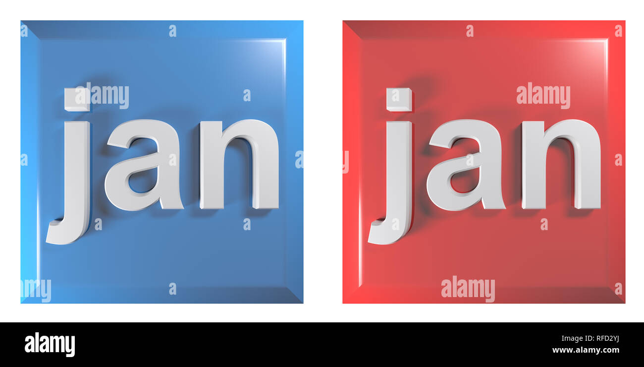 Le bleu et le rouge couple de boutons carrés JANVIER - le rendu 3D illustration Banque D'Images