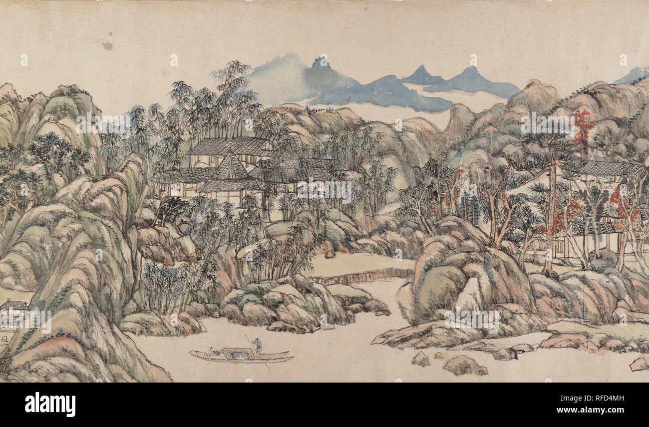 Villa Wangchuan. Artiste : Wang Yuanqi (Chinois, 1642-1715). Culture : la Chine. Dimensions : Image : 14 in. x 17 pi. 10 3/4 in. (35,6 x 545,5 cm) dans l'ensemble avec support de montage : 14 3/8 po x 34 pi. 7 1/2 in. (36,5 cm) x 1055.4. Date : du 1711. L'élégante Villa Wangchuan situé dans les collines pittoresques à la périphérie de la dynastie Tang (618-907), la capitale Chang'an (actuelle Xi'an), est l'un des plus célèbres jardins de la Chine ancienne. La divagation estate avec un paysage spectaculaire était la retraite du poète, musicien, peintre de paysages et de Wang Wei (699-759). Presque mille ans plus tard, Wang Yuanqi-nous Banque D'Images