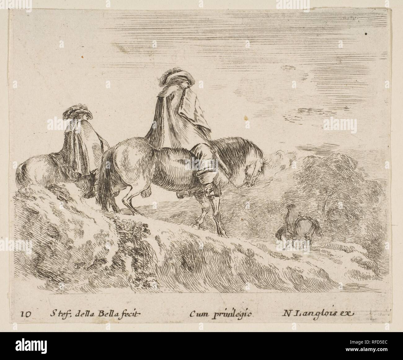 10 : deux cavaliers de la descente d'une montagne à gauche, un autre cavalier à droite en arrière-plan, à partir de 'iversi capricci'. Artiste : Stefano della Bella (Florence, Italie Florence 1610-1664). Fiche Technique : Dimensions : 3 3/8 in. × 4 in. (8,5 × 10,1 cm). Editeur : Nicolas Langlois (français, Paris 1640-1703). Portefeuille/Série : 'Diversi capricci'. Date : ca. 1644-47. Musée : Metropolitan Museum of Art, New York, USA. Banque D'Images