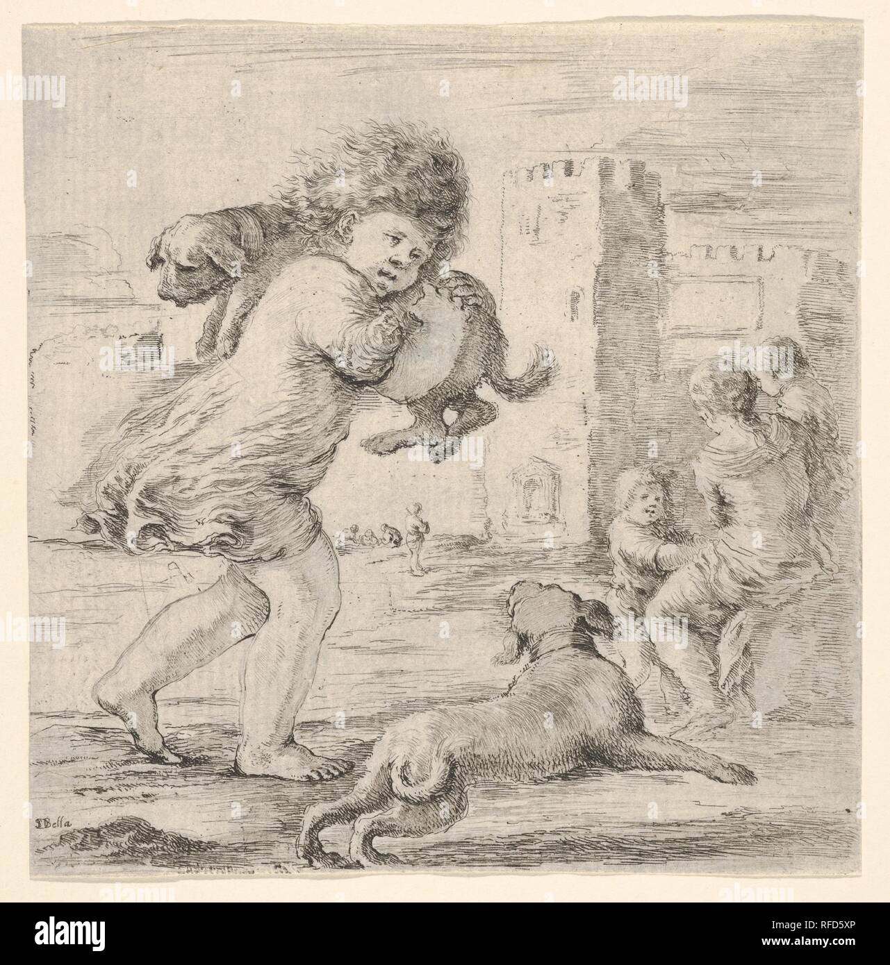 Enfant transportant un chien par dessus son épaule, marchant vers la droite, un autre chien qui court à côté à droite, une femme avec deux enfants à droite en arrière-plan. Artiste : Stefano della Bella (Florence, Italie Florence 1610-1664). Fiche Technique : Dimensions : 5 3/8 x 5 1/4 in. (13,7 x 13,4 cm). Date : ca. 1660-64. Musée : Metropolitan Museum of Art, New York, USA. Banque D'Images