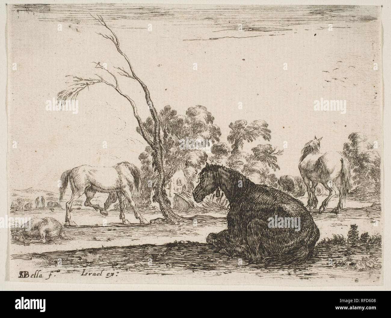 Planche 8 : un cheval assis à droite, vu de derrière et tourné vers la gauche, trois autres chevaux dans middleground, un arbre dans le centre, à partir de 'diverses figures" (Agréable diversité de figures). Artiste : Stefano della Bella (Florence, Italie Florence 1610-1664). Dédicataire : Artus Gouffier Marquis de Boissy (Français, 1627-1696). Fiche Technique : Dimensions : 2 x 3 7/8 à 13/16. (7,2 × 9,8 cm). Editeur : Israël Henriet (Français, Nancy ca. 1590-1661 Paris). Portefeuille/Série : 'diverses figures" (Agréable diversité de figures). Date : 1642. Musée : Metropolitan Museum of Art, New York, USA. Banque D'Images