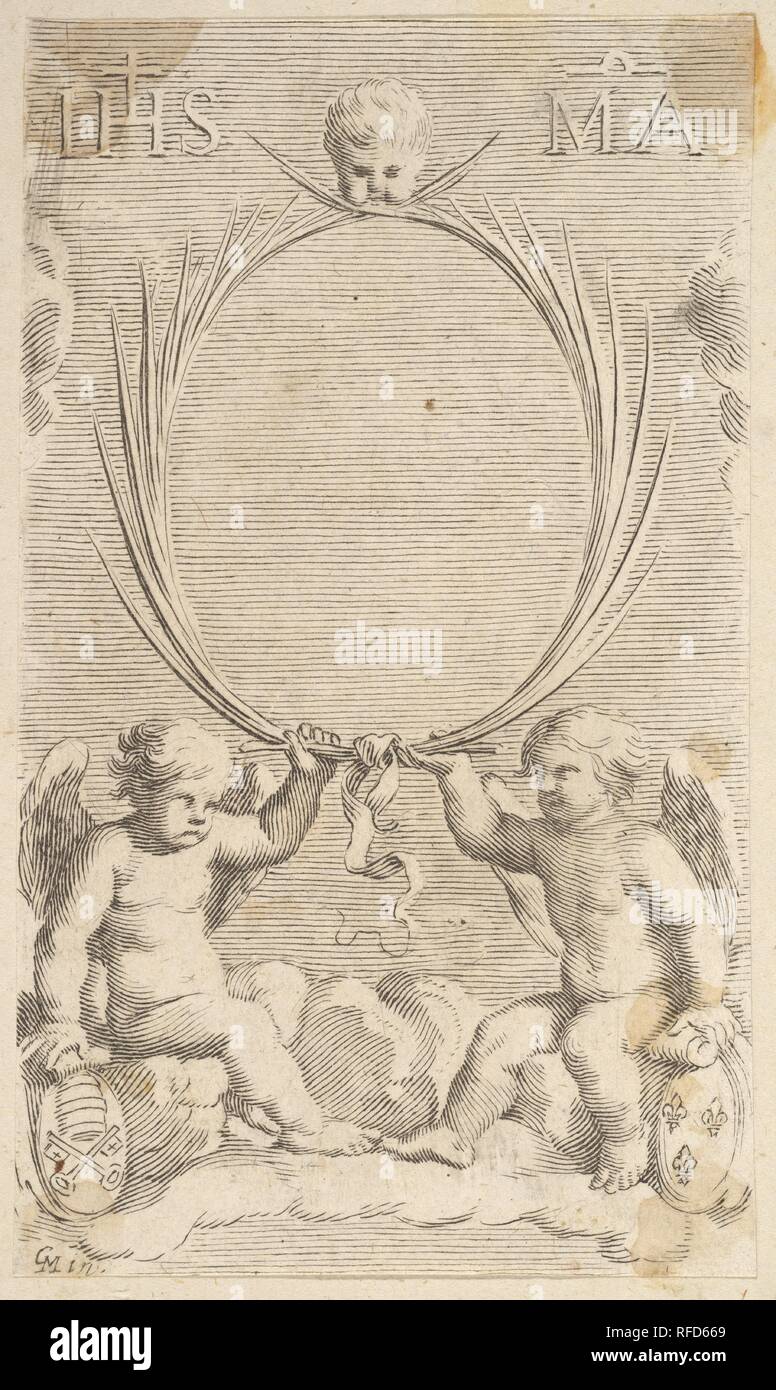 Deux anges assis sur les nuages. Artiste : Claude Mellan (Français, Abbeville 1598-1688 Paris). Dimensions : plaque : 4 13/16 x 2 13/16 in. (12,2 x 7,2 cm). Musée : Metropolitan Museum of Art, New York, USA. Banque D'Images