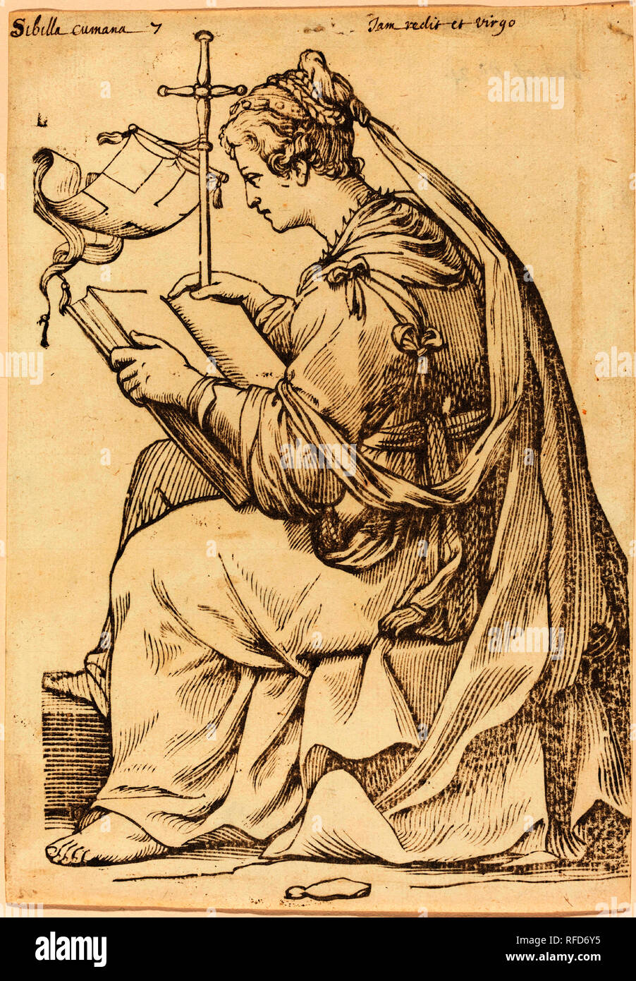 Sibylla Cumana. En date du : 1625. Technique : gravure sur bois. Musée : National Gallery of Art, Washington DC. Auteur : Jacques Stella. Banque D'Images