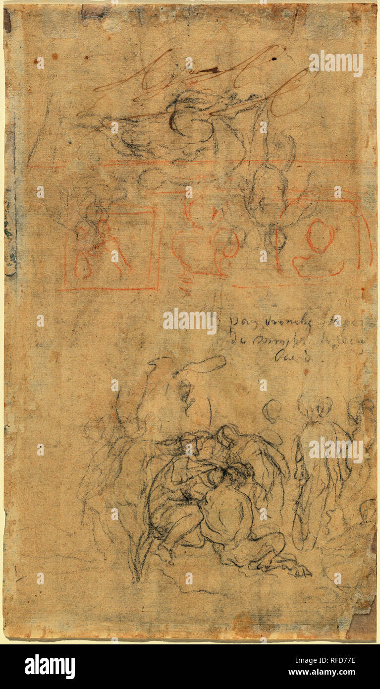 Feuille d'études avec les ivrognes Pan et les nymphes [verso]. Dimensions : hors tout : 31,9 x 18,8 cm (12 9/16 x 7 3/8 in.). Médium : noir et craie rouge sur papier vergé. Musée : National Gallery of Art, Washington DC. Auteur : Jacob Jordaens. Banque D'Images