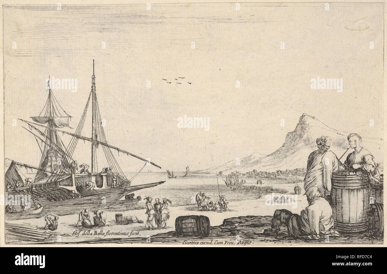 Un navire de débarquement à gauche, deux esclaves et un stand de l'Office se trouve à côté d'un baril à droite, d'autres chiffres sur la rive, une montagne à droite dans l'arrière-plan, à partir de 'Varie figure'. Artiste : Stefano della Bella (Florence, Italie Florence 1610-1664). Fiche Technique : Dimensions : 4 5/8 x 6 3/16 in. (10,6 x 16,8 cm). Editeur : François Langlois (français, baptisé Chartres, Paris 1588-1647). Series/portefeuille varie : 'Figure'. Date : ca. 1645. Musée : Metropolitan Museum of Art, New York, USA. Banque D'Images