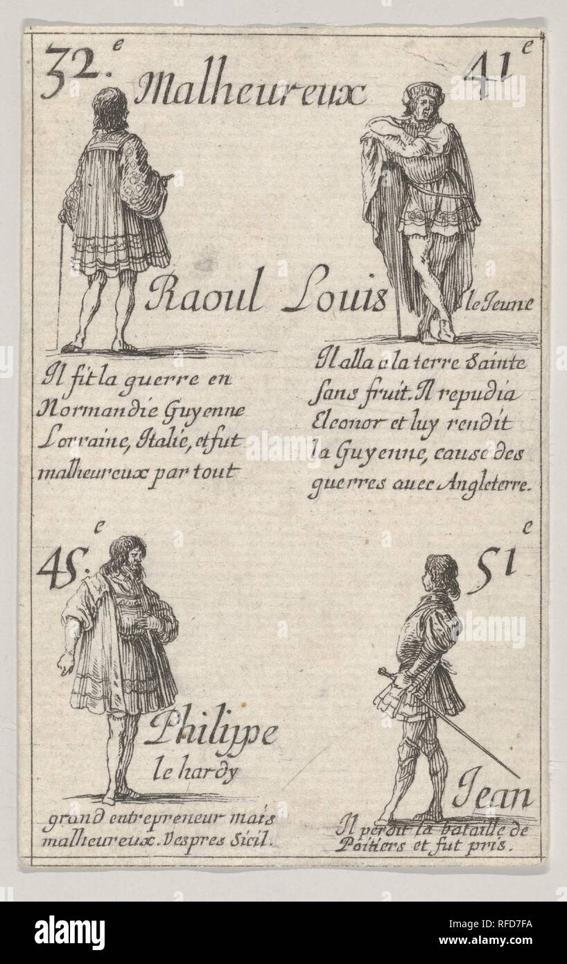 Raoul ... / Louis le Jeune..., à partir de 'Jeu des rois de France' (jeu des rois de France). Artiste : Stefano della Bella (Florence, Italie Florence 1610-1664). Fiche Technique : Dimensions : 3 x 2 7/16 3/16 in. (8,7 x 5,5 cm). Series/portefeuille : 'Jeu des rois de France' (jeu des rois de France). Date : 1644. Musée : Metropolitan Museum of Art, New York, USA. Banque D'Images